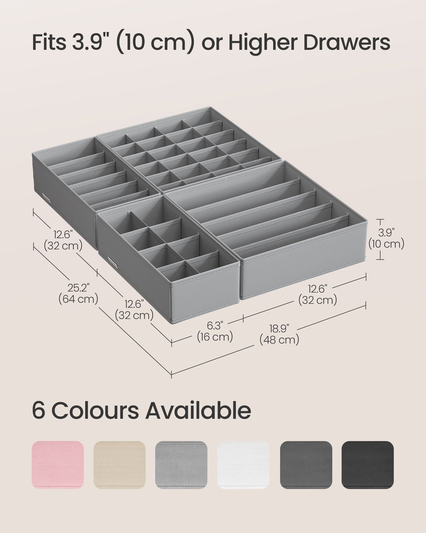 Foldable Underwear Organizer - Fabric - Dove Grey - Set of 8 with Drawer Dividers