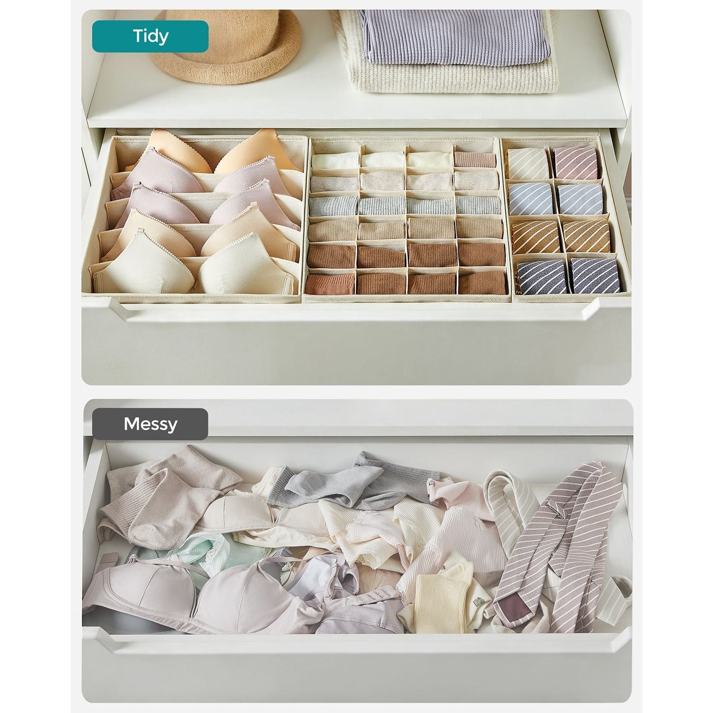 Set of 8 Fabric Underwear Drawer Organisers - Grey - Foldable Design