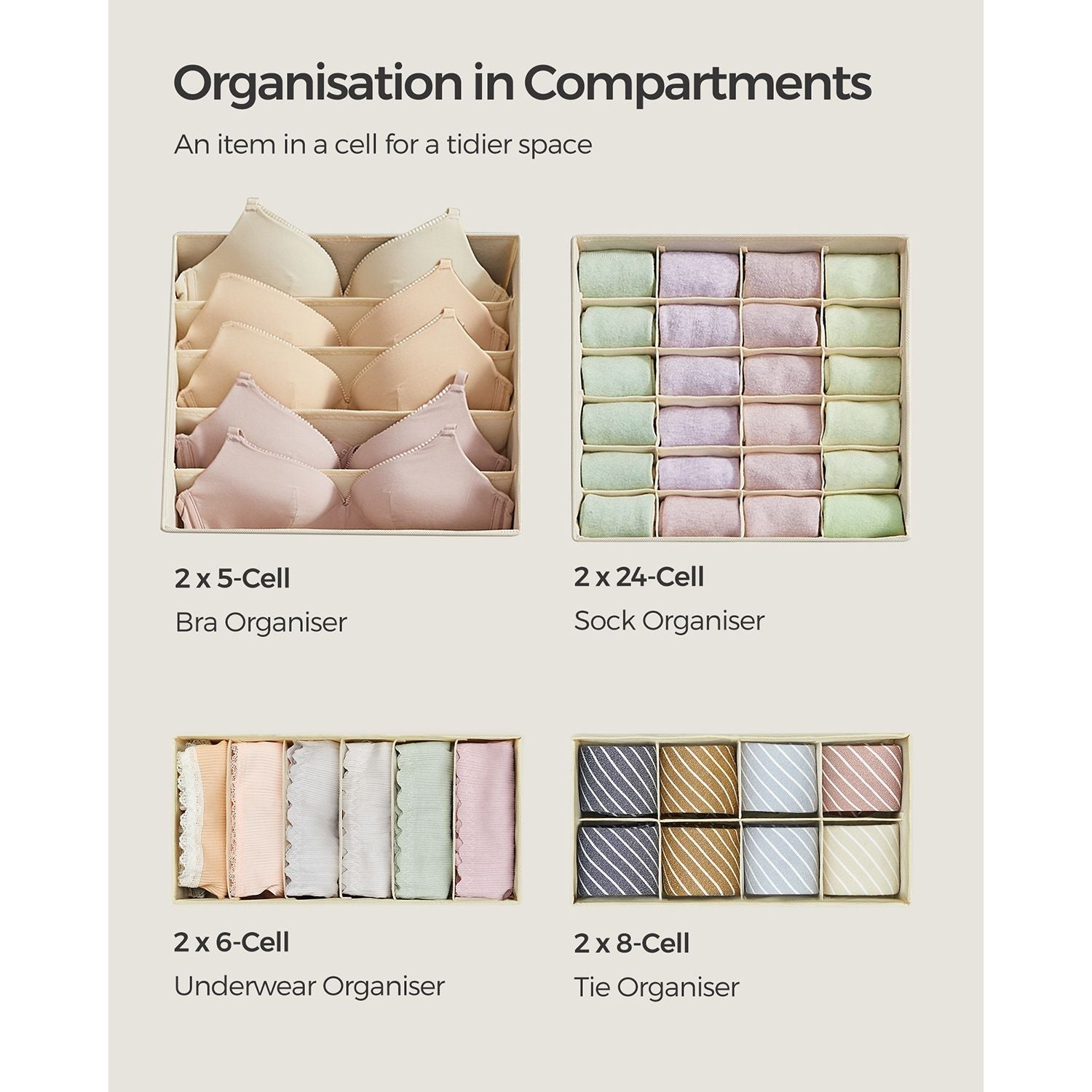 Set of 8 Fabric Underwear Drawer Organisers - Grey - Foldable Design