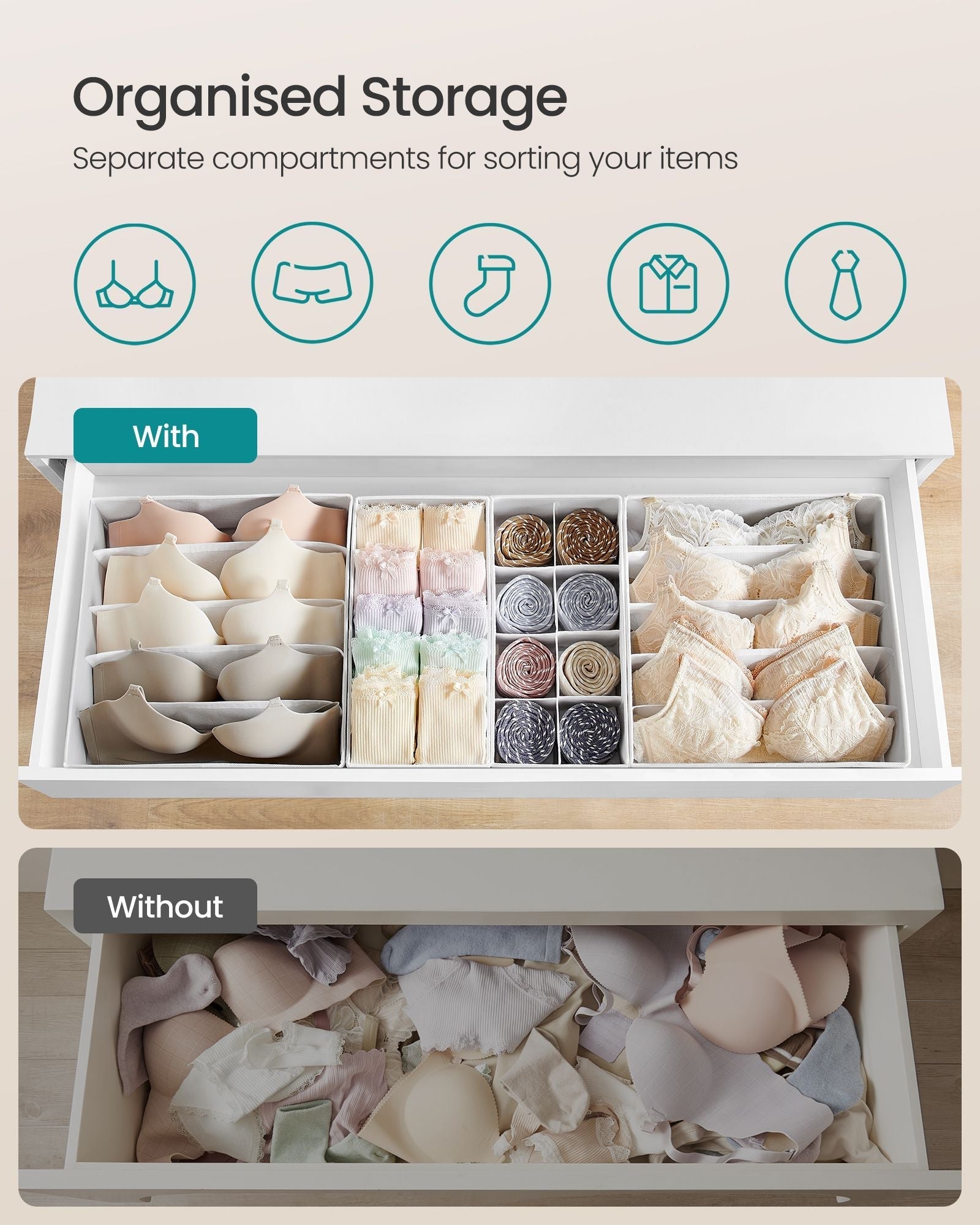 Set of 8 Foldable Fabric Drawer Organisers - Grey - Ideal for Underwear