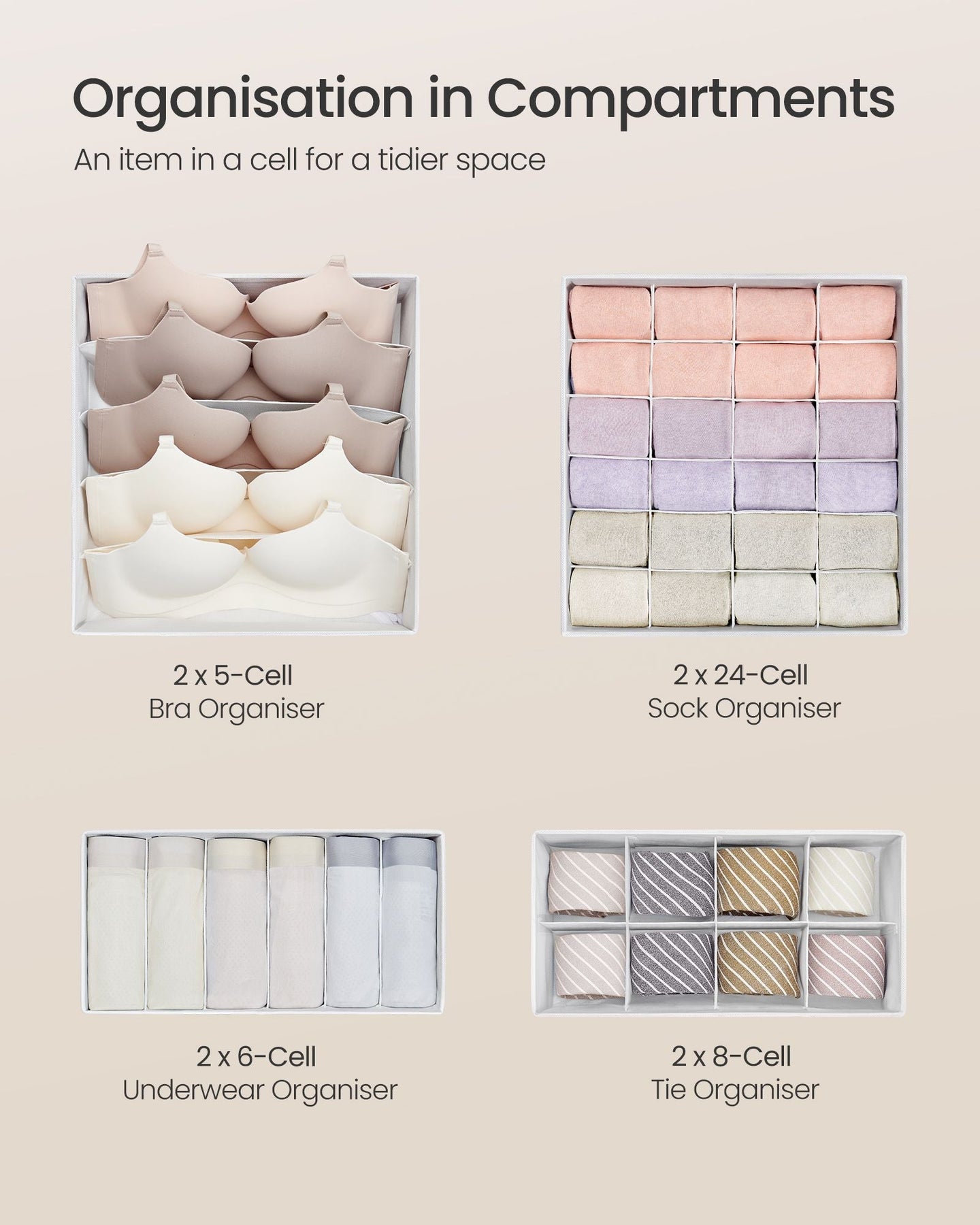 Set of 8 Foldable Fabric Drawer Organisers - Grey - Ideal for Underwear