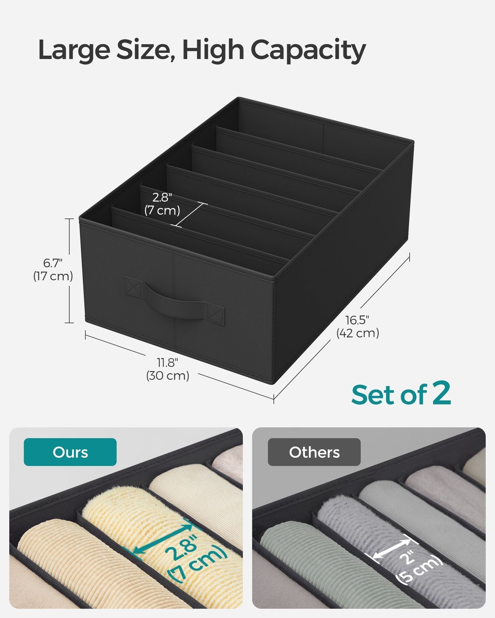 Drawer Organisers - Fabric - Classic Black - Set of 2 with 6 Compartments