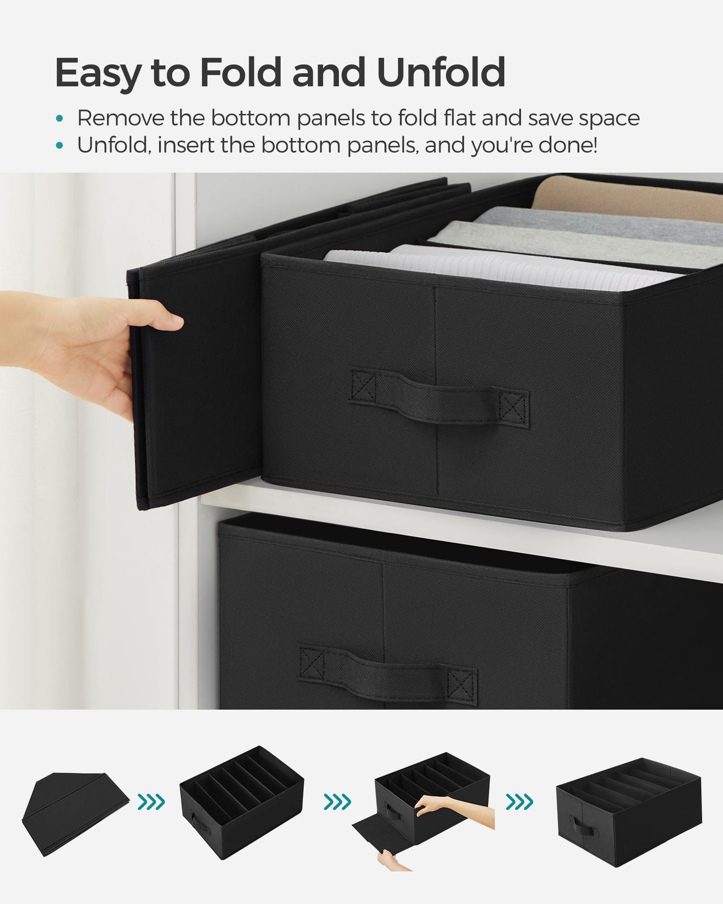 Drawer Organisers - Fabric - Classic Black - Set of 2 with 6 Compartments
