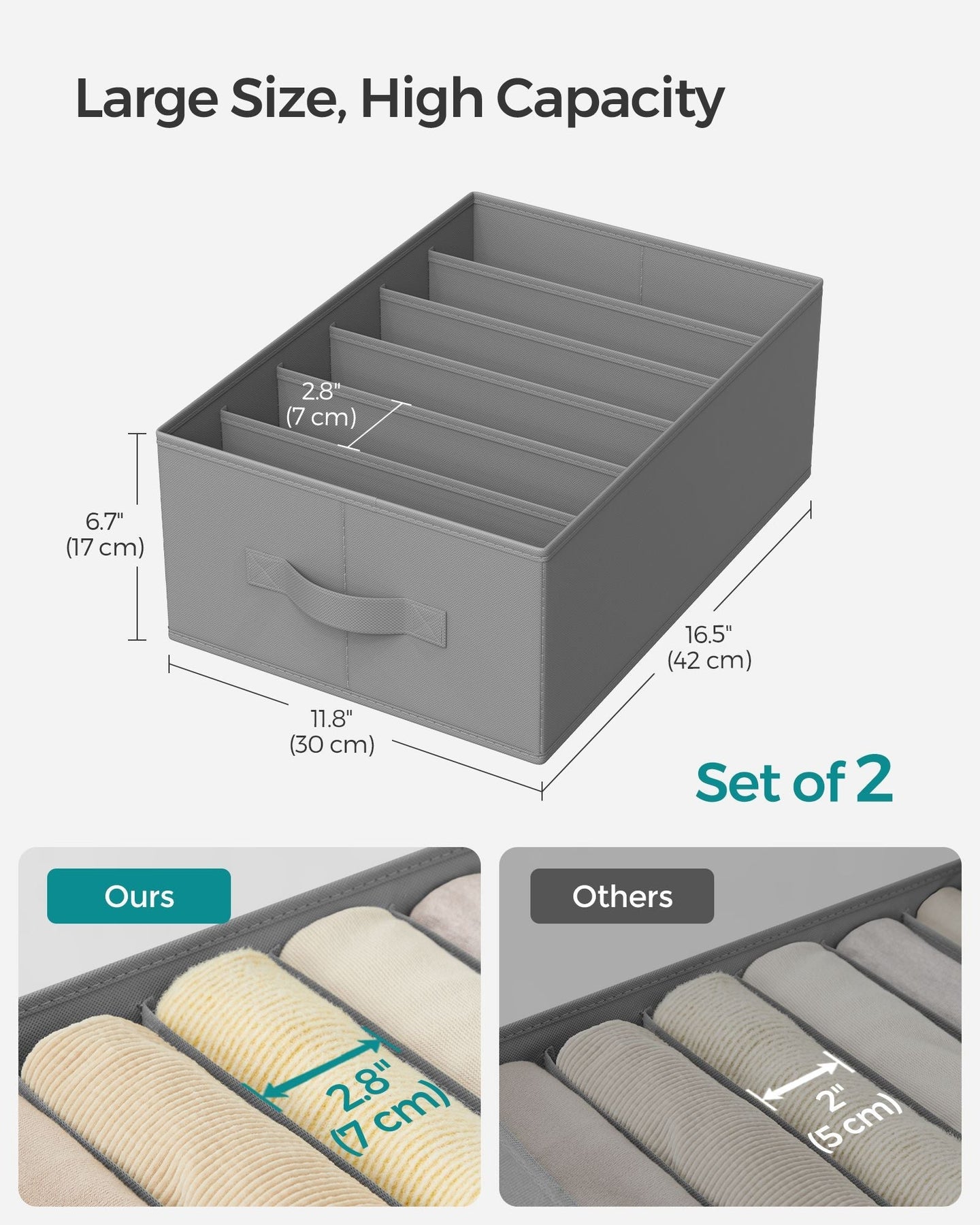 Drawer Organisers - Fabric - Dove Grey - Set of 2 with 6 Compartments