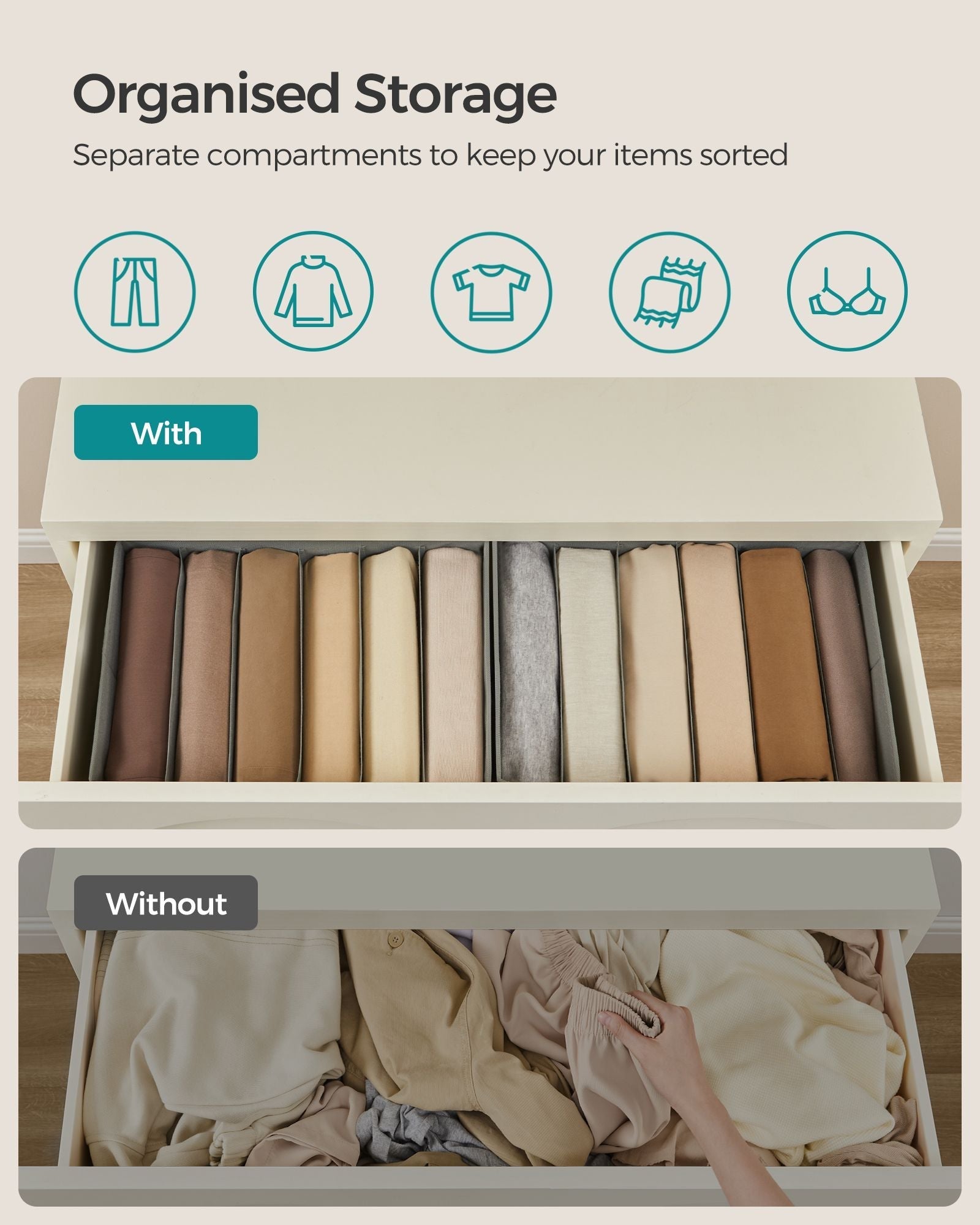 Set of 2 Drawer Organisers - 6 Compartments - Fabric - Dove Grey