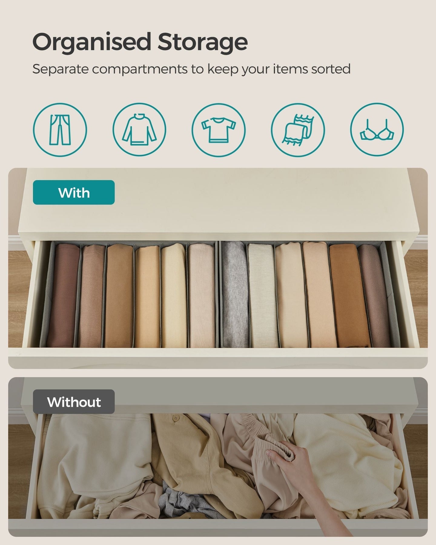 Set of 2 Drawer Organisers - 6 Compartments - Fabric - Dove Grey