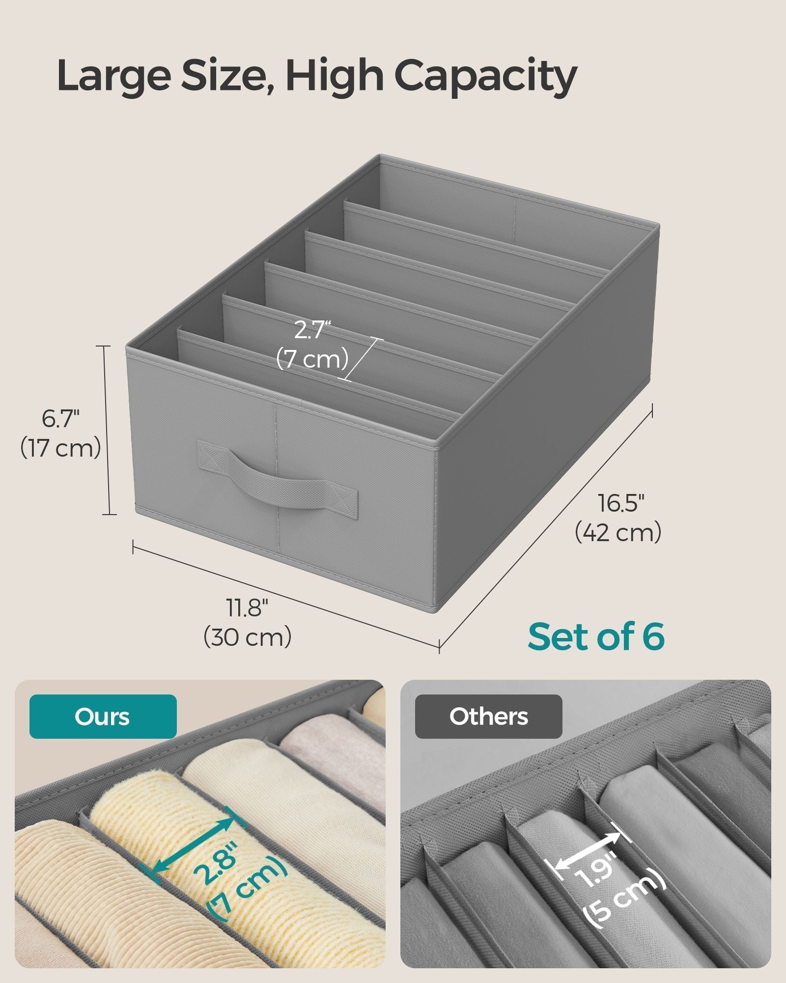 Set of 2 Drawer Organisers - 6 Compartments - Fabric - Dove Grey