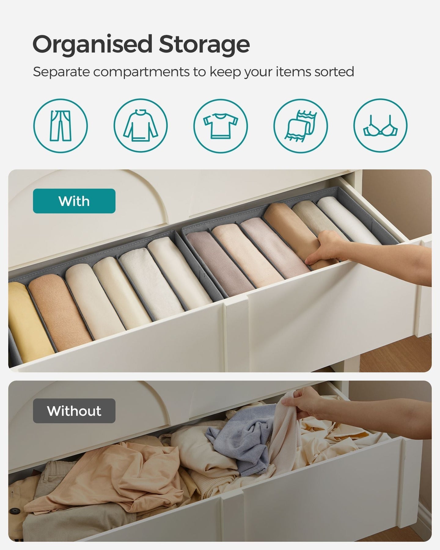 Drawer Organisers - Set of 4, 6-Compartment - Fabric - Dove Grey - Foldable Design for Convenience