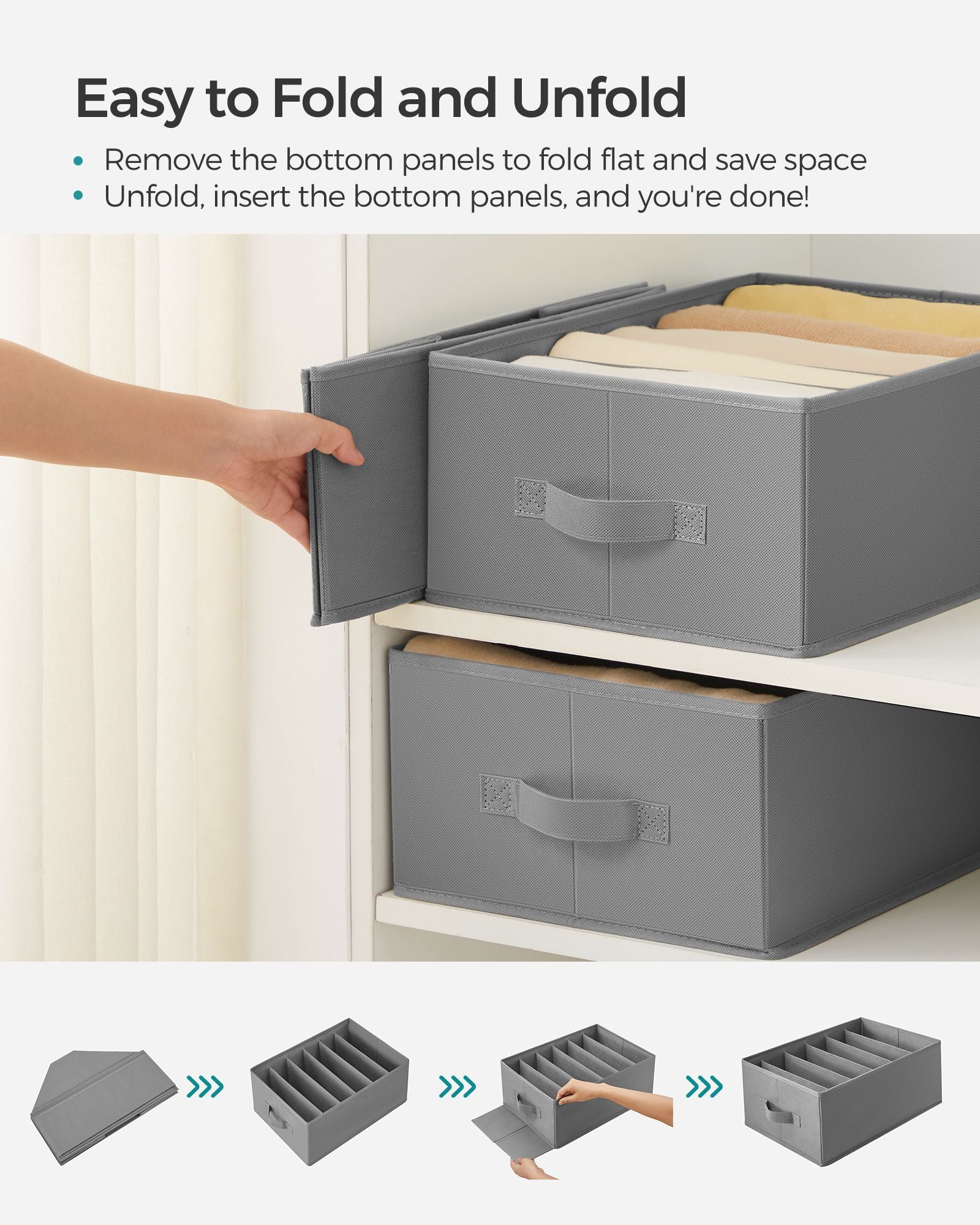 Drawer Organisers - Set of 4, 6-Compartment - Fabric - Dove Grey - Foldable Design for Convenience
