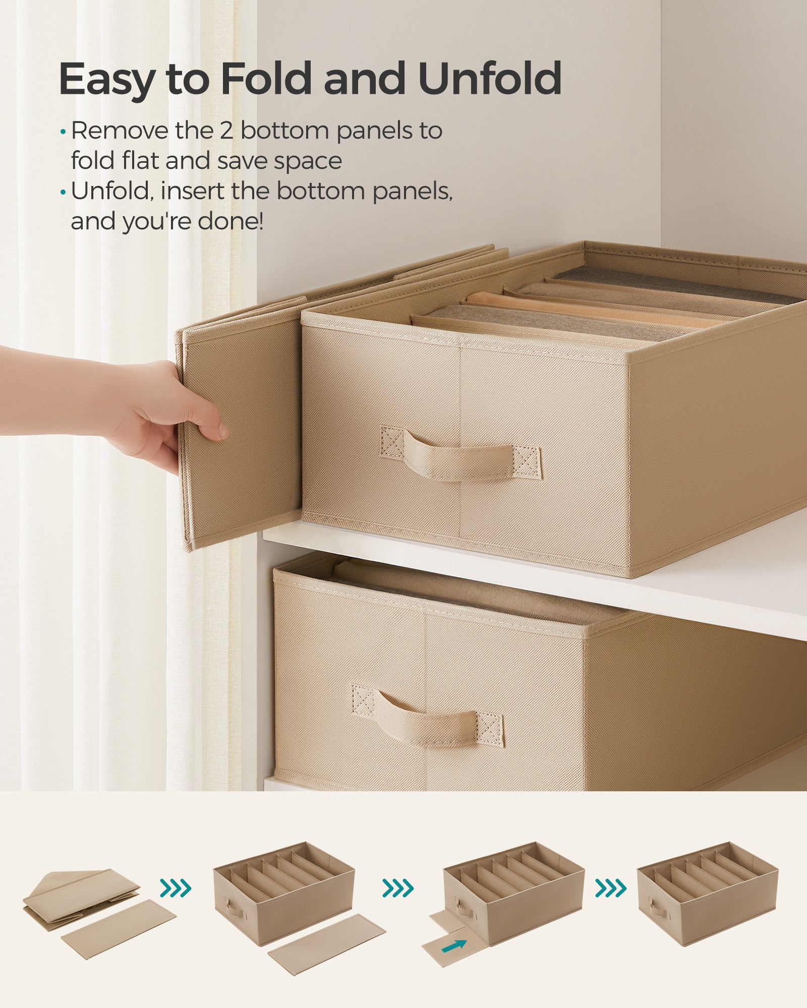 Set of 4 Drawer Organisers - 6 Compartments - Fabric - Sand Beige - Durable Material