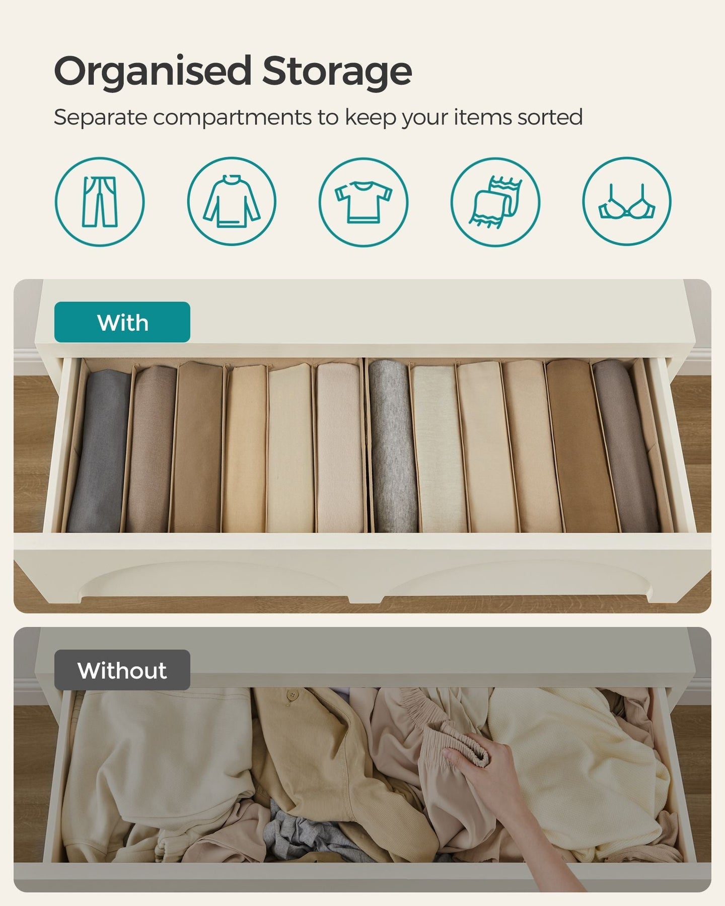 Set of 6 Drawer Organisers - 6 Compartments - Fabric - Sand Beige