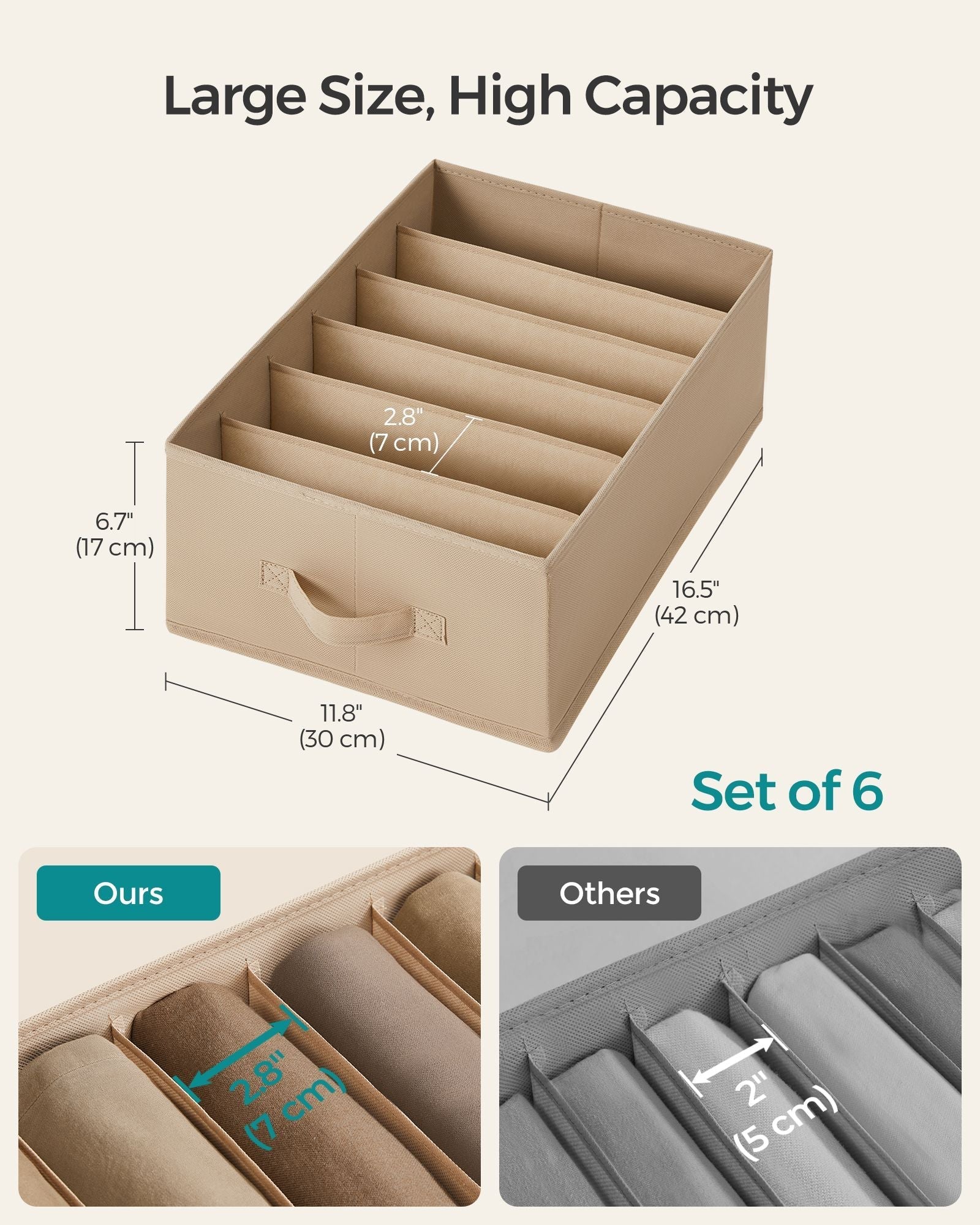Set of 6 Drawer Organisers - 6 Compartments - Fabric - Sand Beige