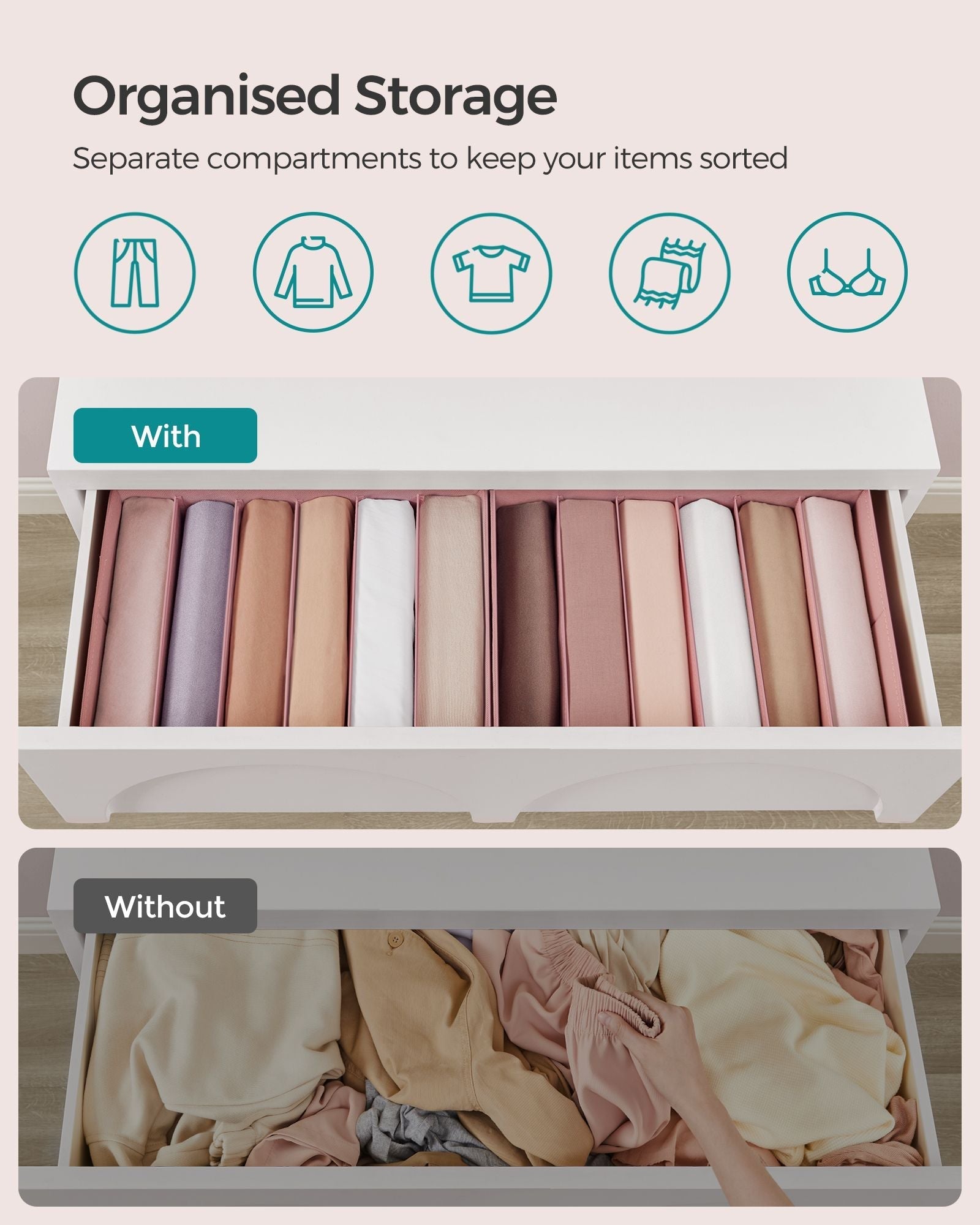 Set of 4 Drawer Organisers - 6 Compartments - Fabric - Jelly Pink