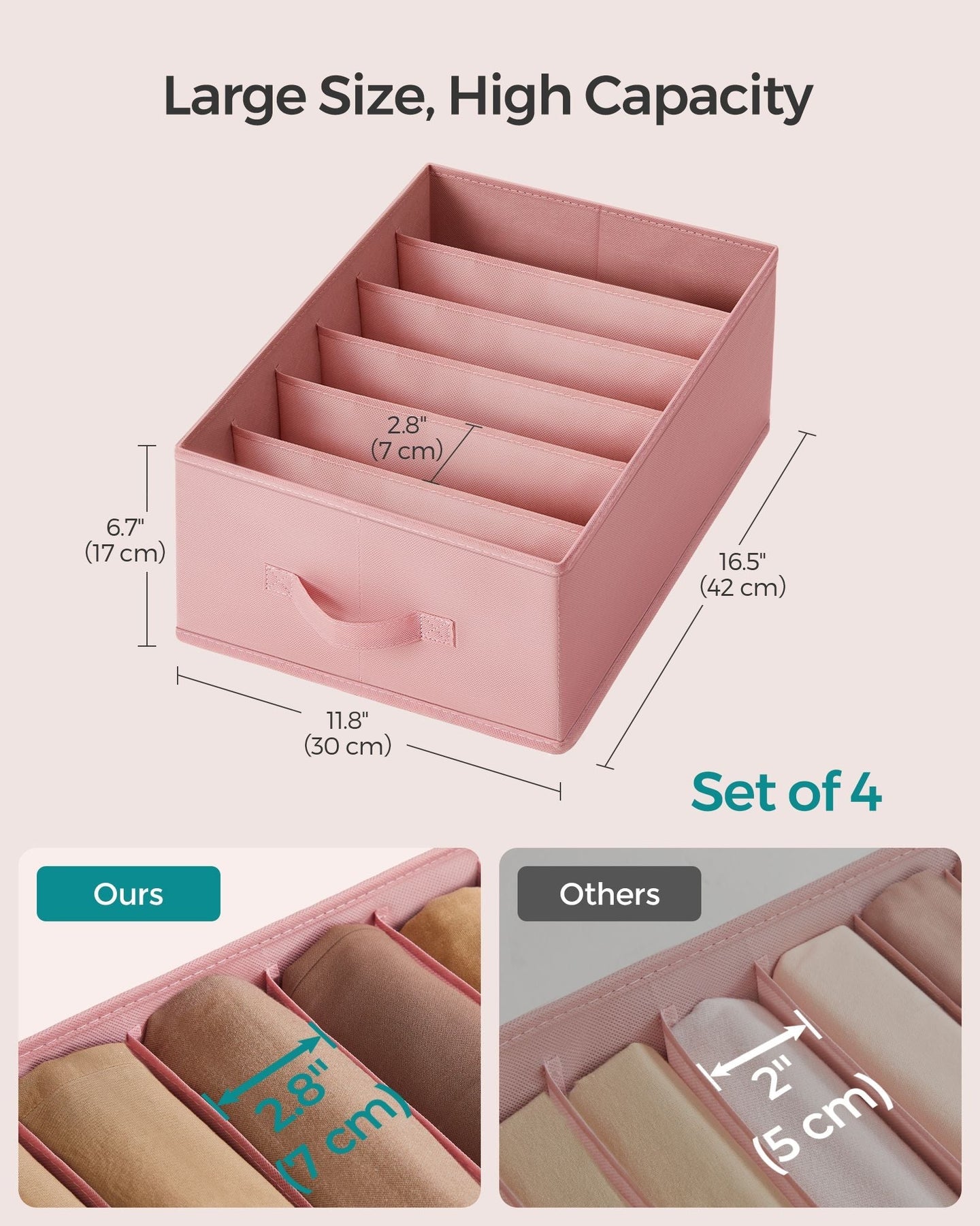 Set of 4 Drawer Organisers - 6 Compartments - Fabric - Jelly Pink