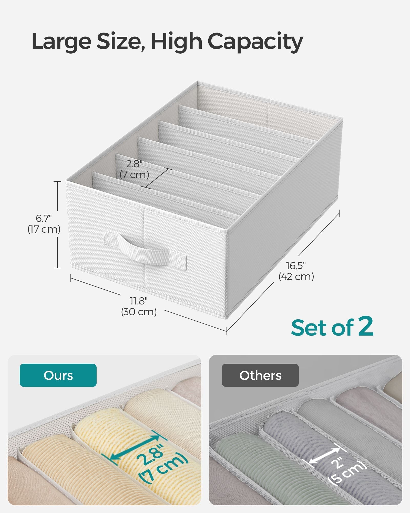 Drawer Organisers - Fabric - Classic White - Set of 2 with 6 Compartments