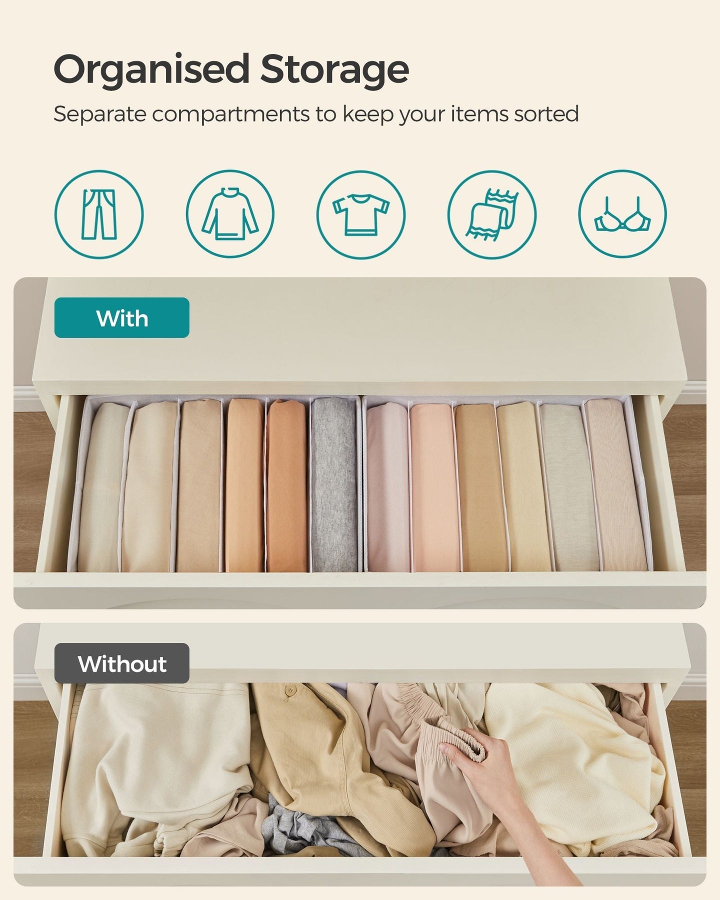 Set of 6 Drawer Organisers - 6 Compartments - Fabric - Cloud White