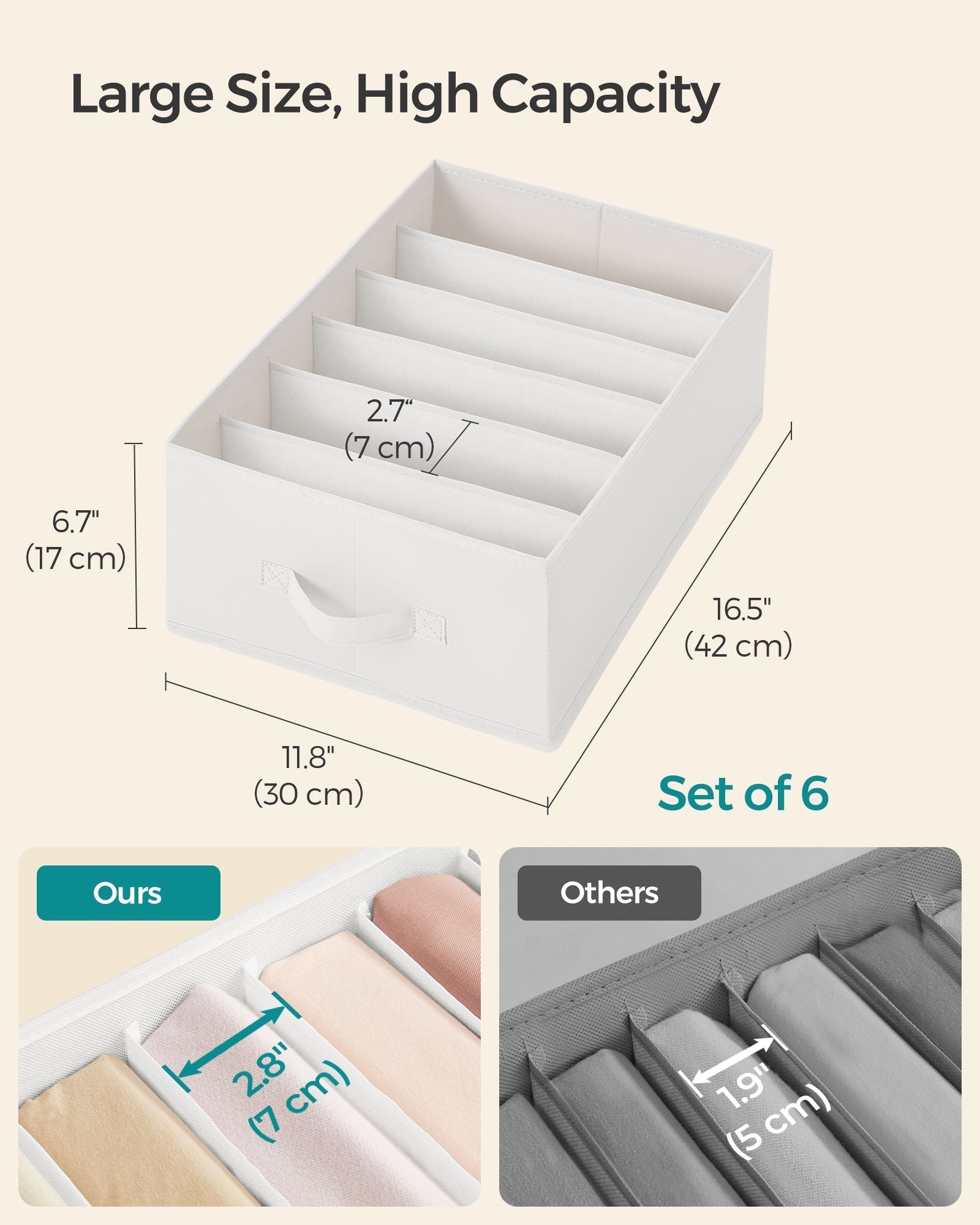 Set of 6 Drawer Organisers - 6 Compartments - Fabric - Cloud White
