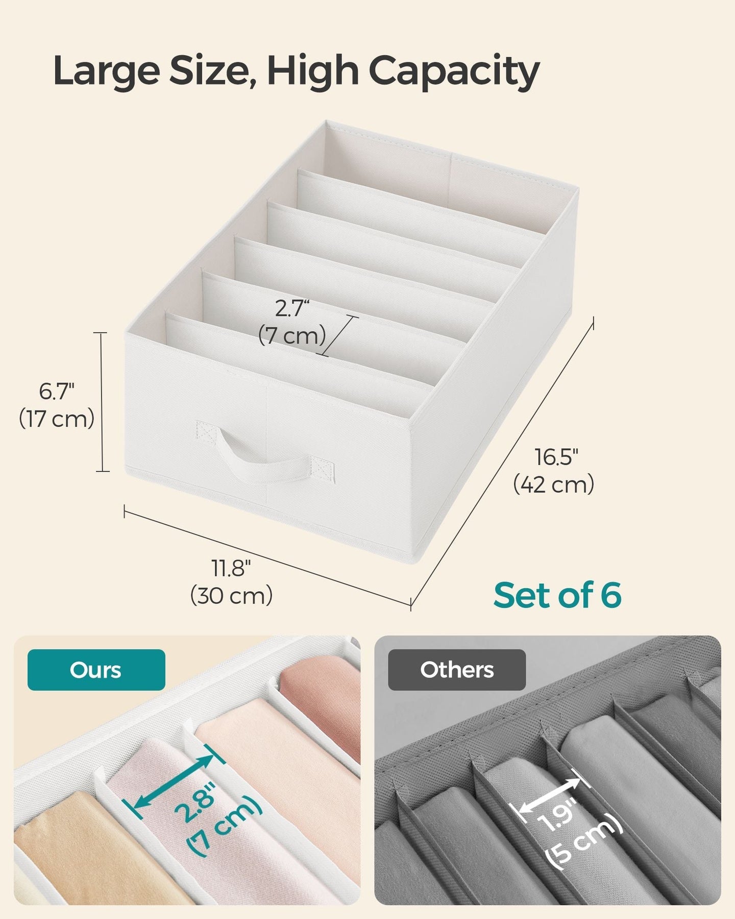 Set of 6 Drawer Organisers - 6 Compartments - Fabric - Cloud White