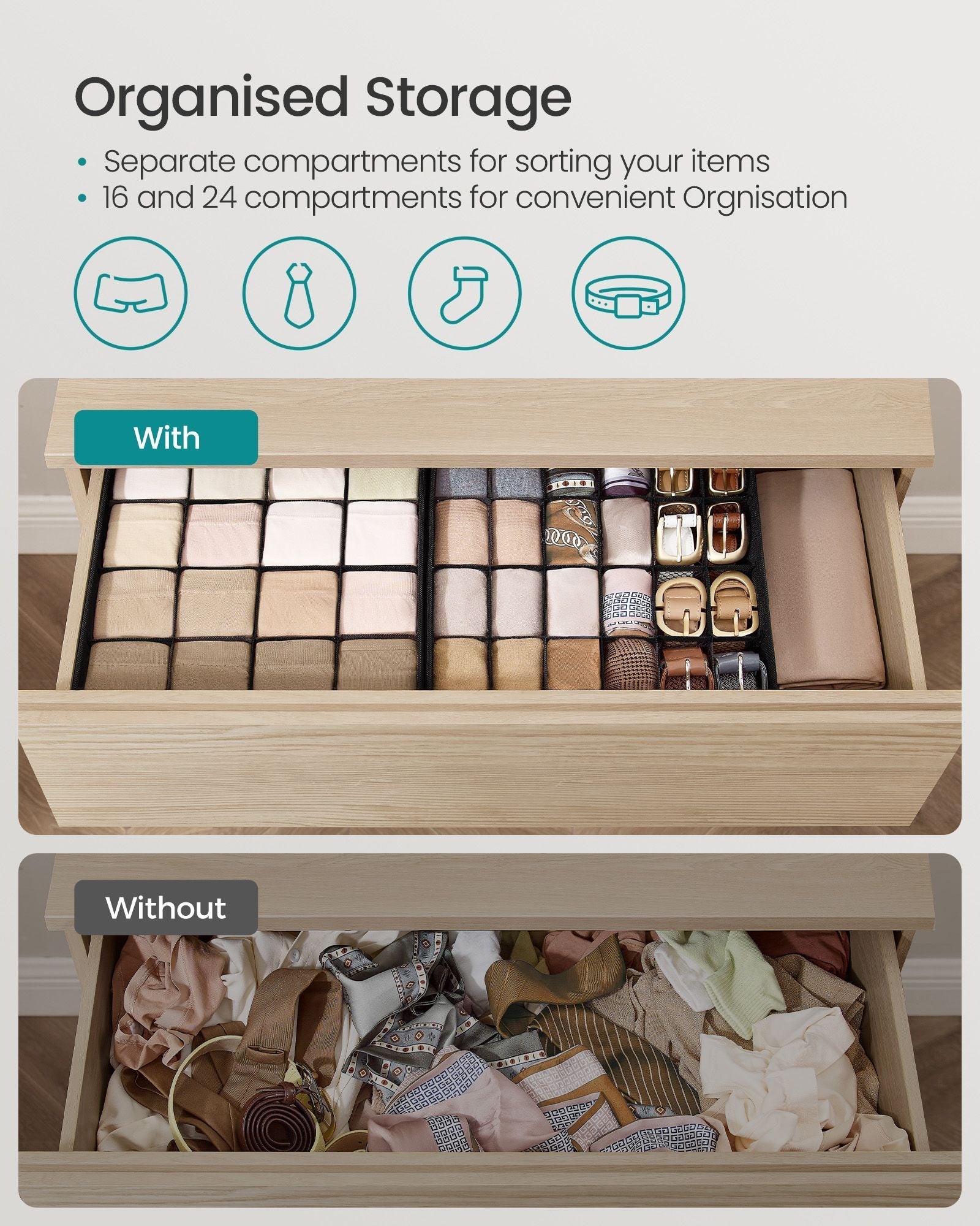 Drawer Organisers Set - 80 Compartments - Fabric - Ink Black