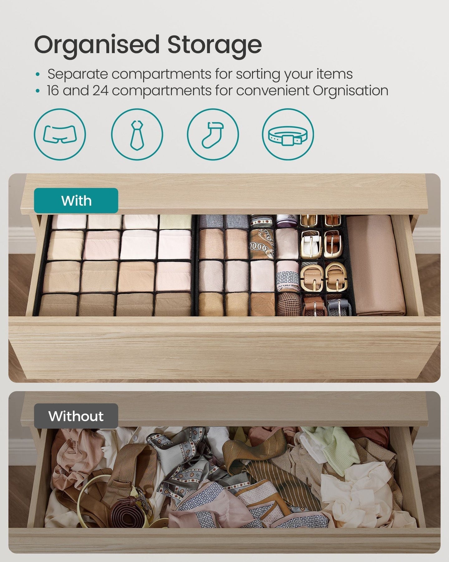 Drawer Organisers Set - 80 Compartments - Fabric - Ink Black