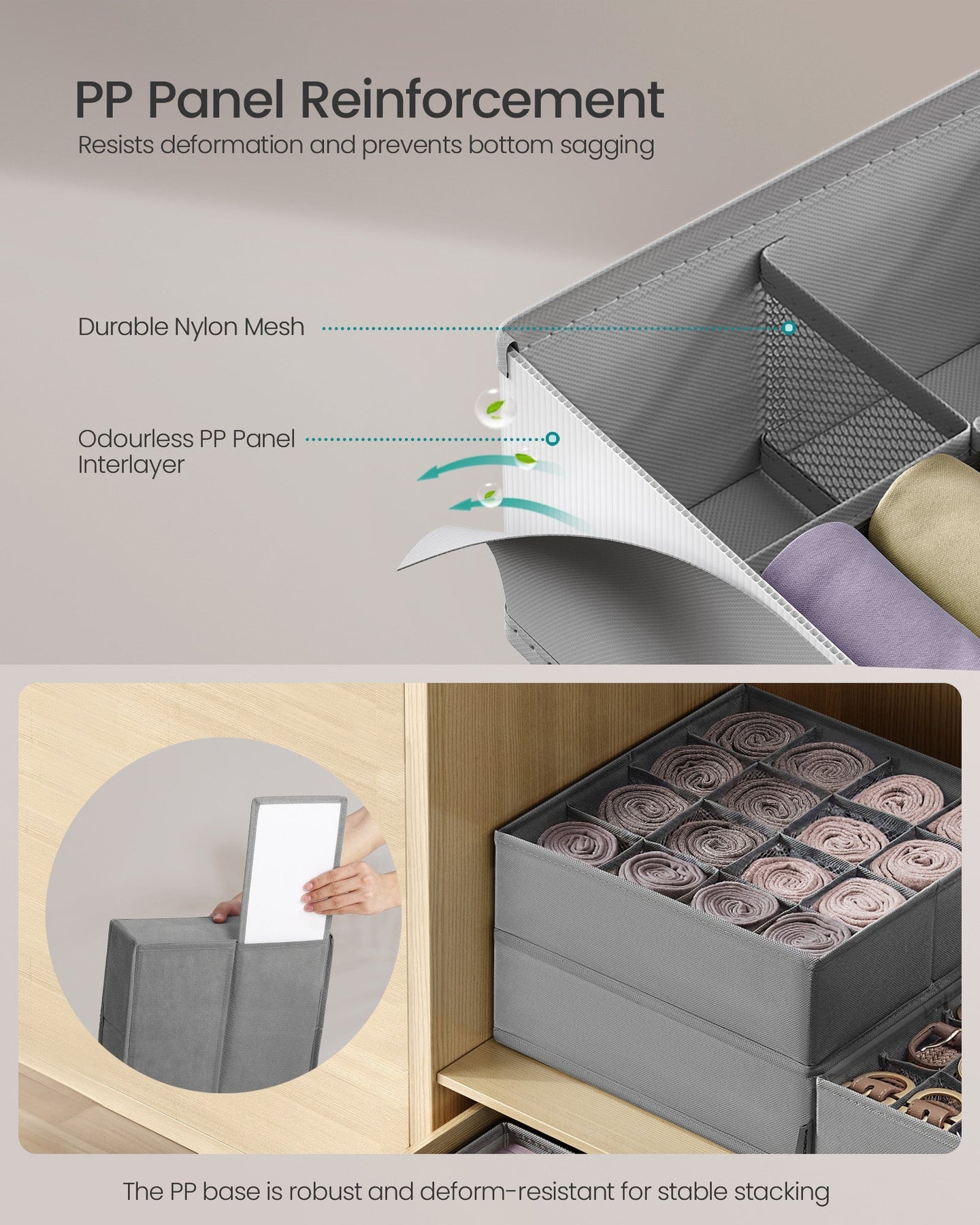 Drawer Organisers Set - Fabric - Dove Grey - 80 Compartments