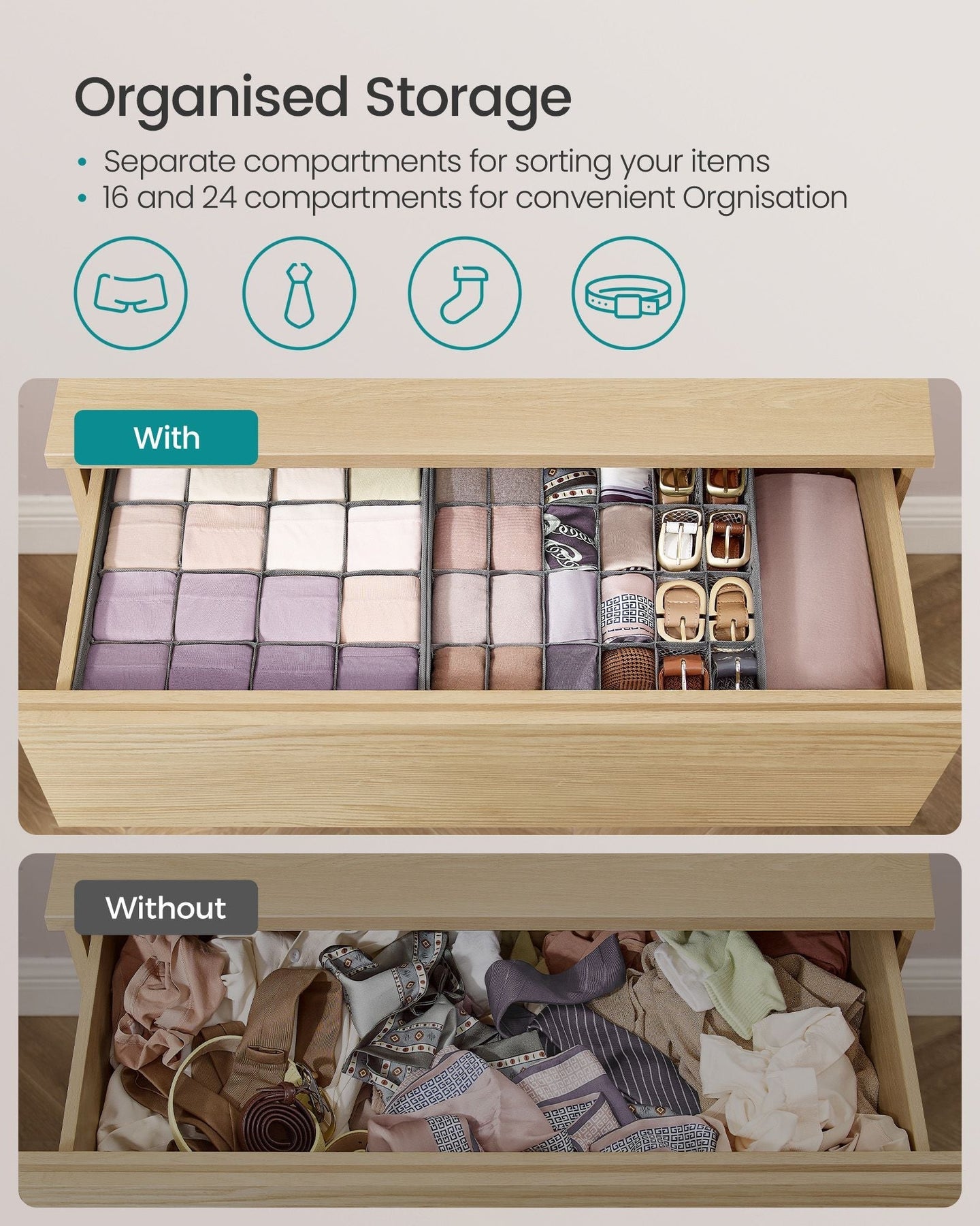 Drawer Organisers Set - Fabric - Dove Grey - 80 Compartments