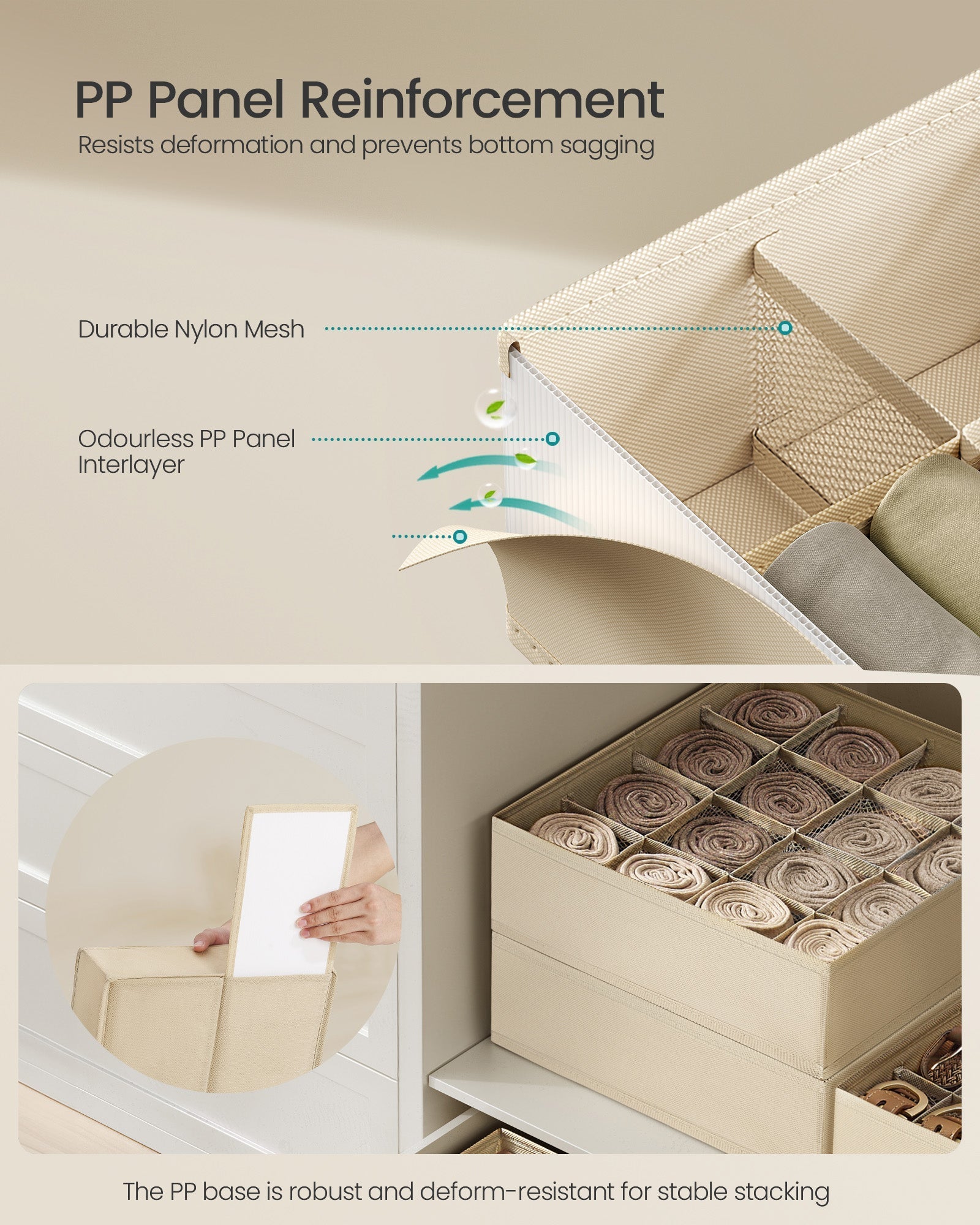 Set of 6 Drawer Organisers - 120 Compartments - Fabric - Sand Beige