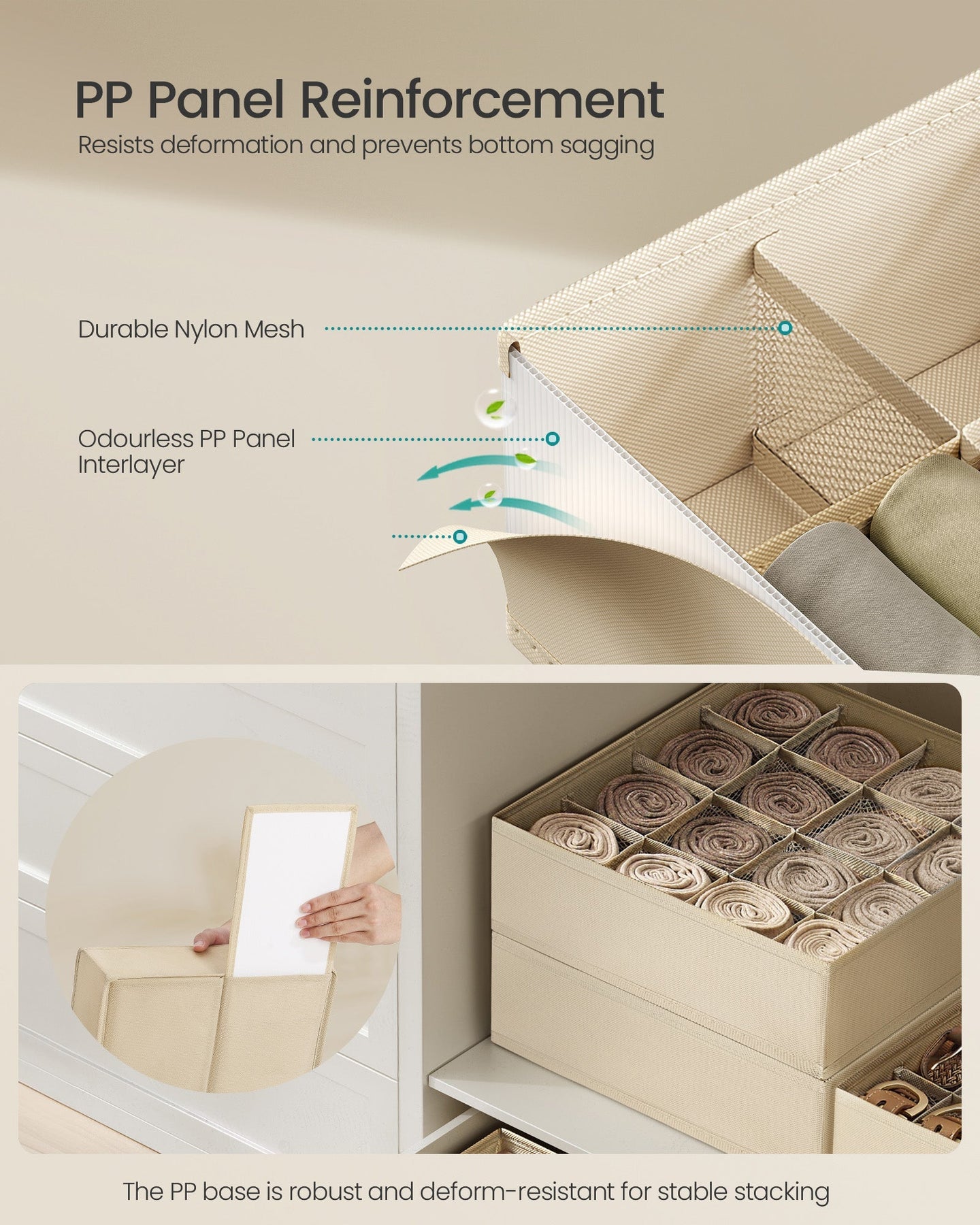 Set of 6 Drawer Organisers - 120 Compartments - Fabric - Sand Beige