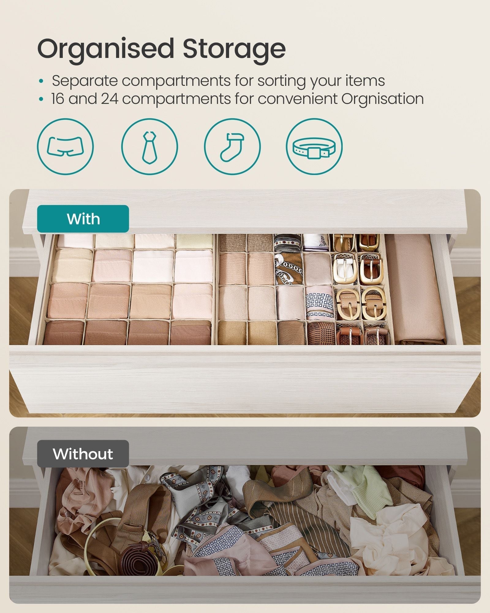 Set of 6 Drawer Organisers - 120 Compartments - Fabric - Sand Beige