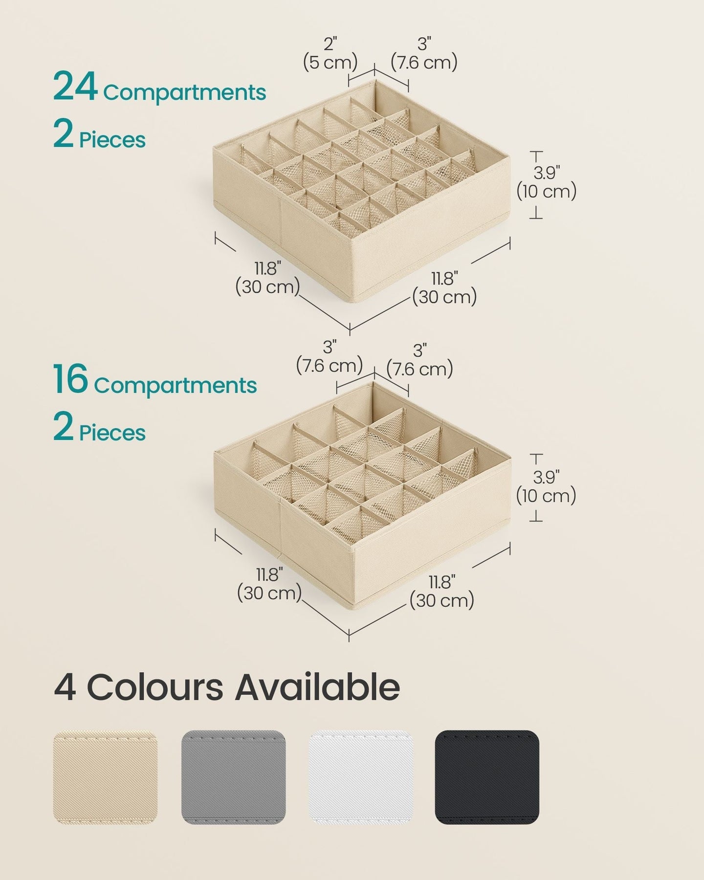 Set of 6 Drawer Organisers - 120 Compartments - Fabric - Sand Beige