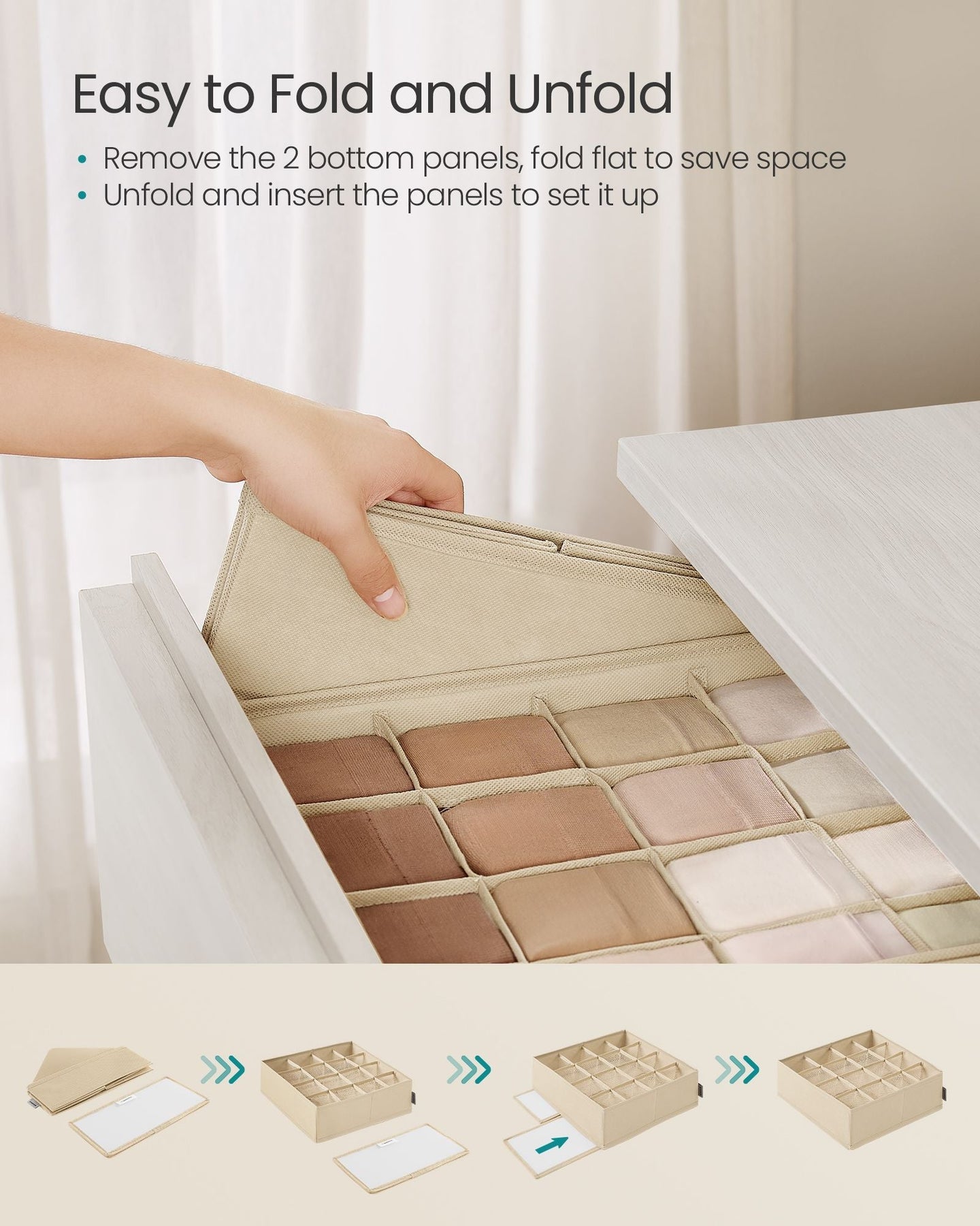 Set of 6 Drawer Organisers - 120 Compartments - Fabric - Sand Beige