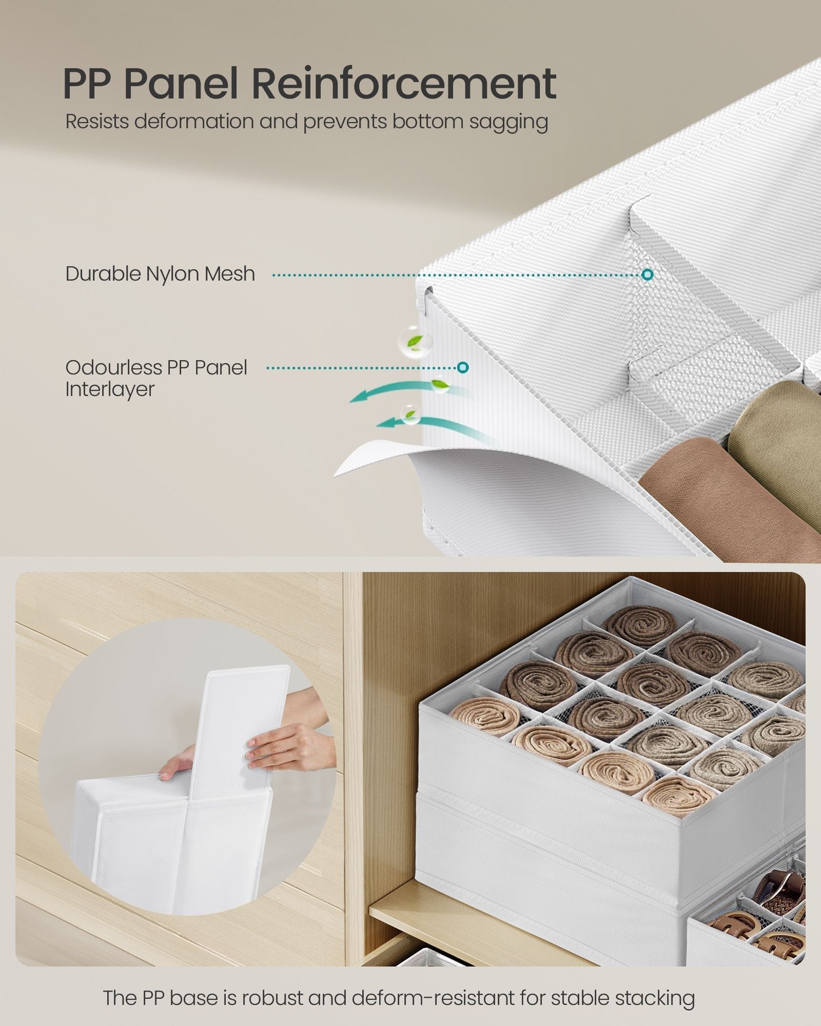 Set of 4 Drawer Organisers - 80 Compartments - Fabric - Cloud White - Durable and Lightweight Construction