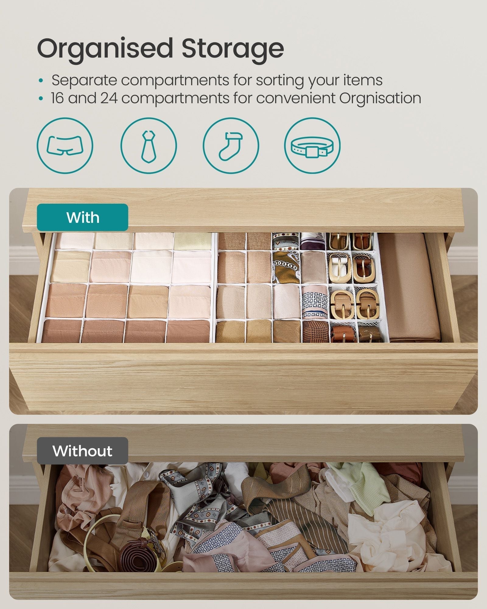 Set of 4 Drawer Organisers - 80 Compartments - Fabric - Cloud White - Durable and Lightweight Construction