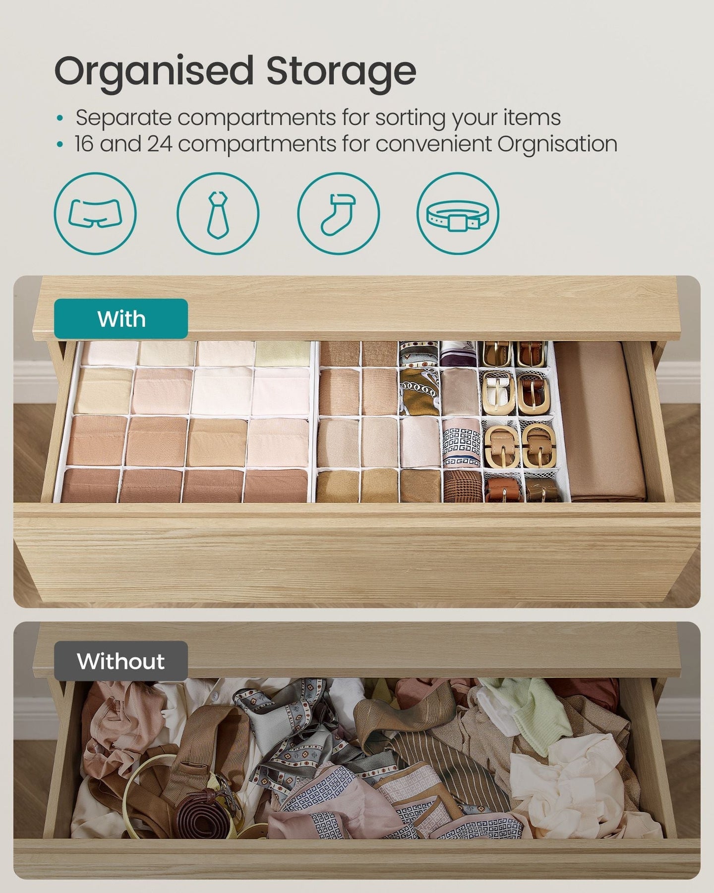 Set of 4 Drawer Organisers - 80 Compartments - Fabric - Cloud White - Durable and Lightweight Construction