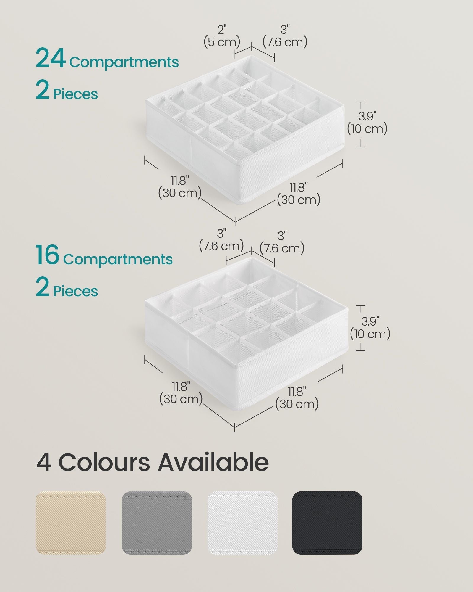 Set of 4 Drawer Organisers - 80 Compartments - Fabric - Cloud White - Durable and Lightweight Construction
