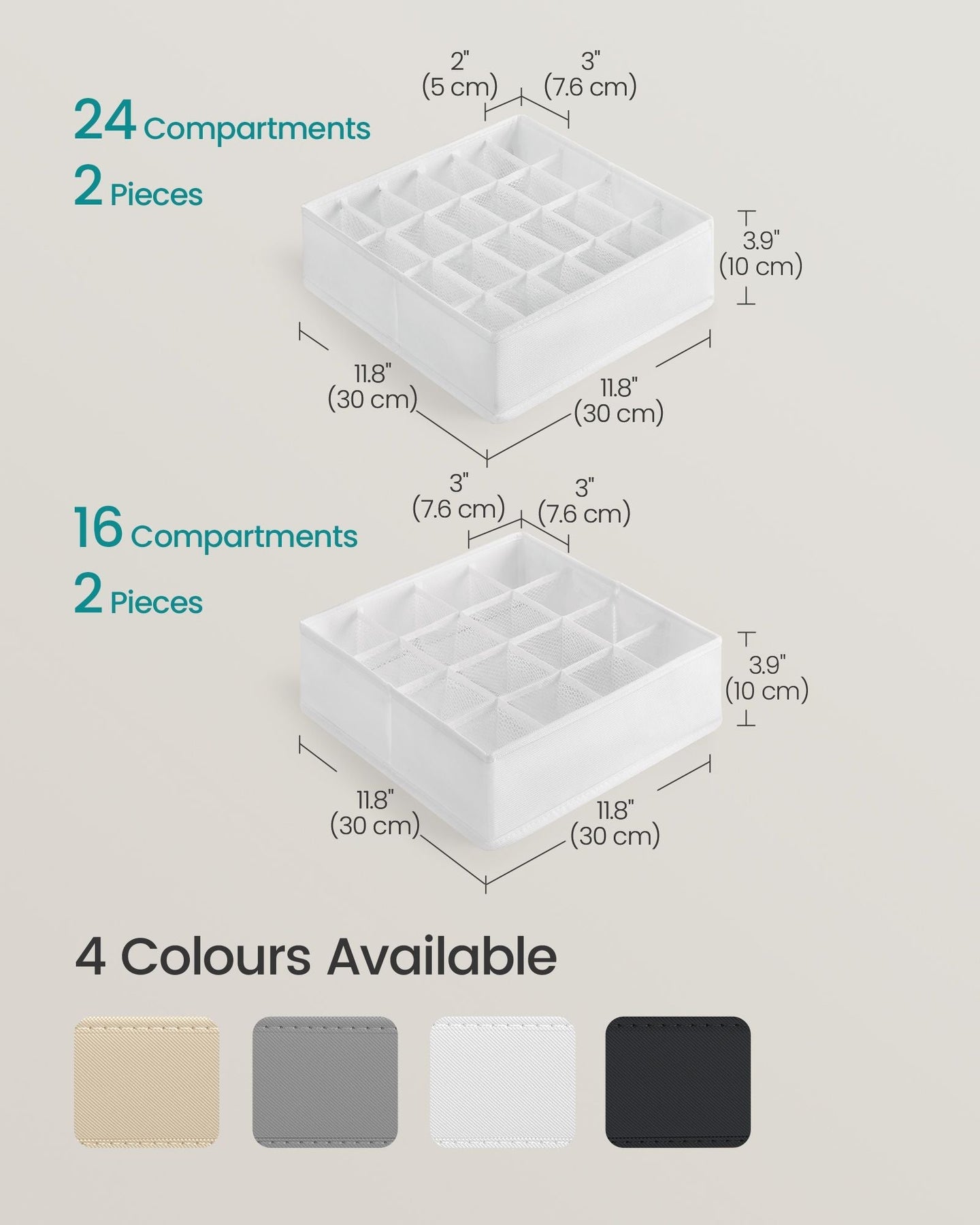 Set of 4 Drawer Organisers - 80 Compartments - Fabric - Cloud White - Durable and Lightweight Construction