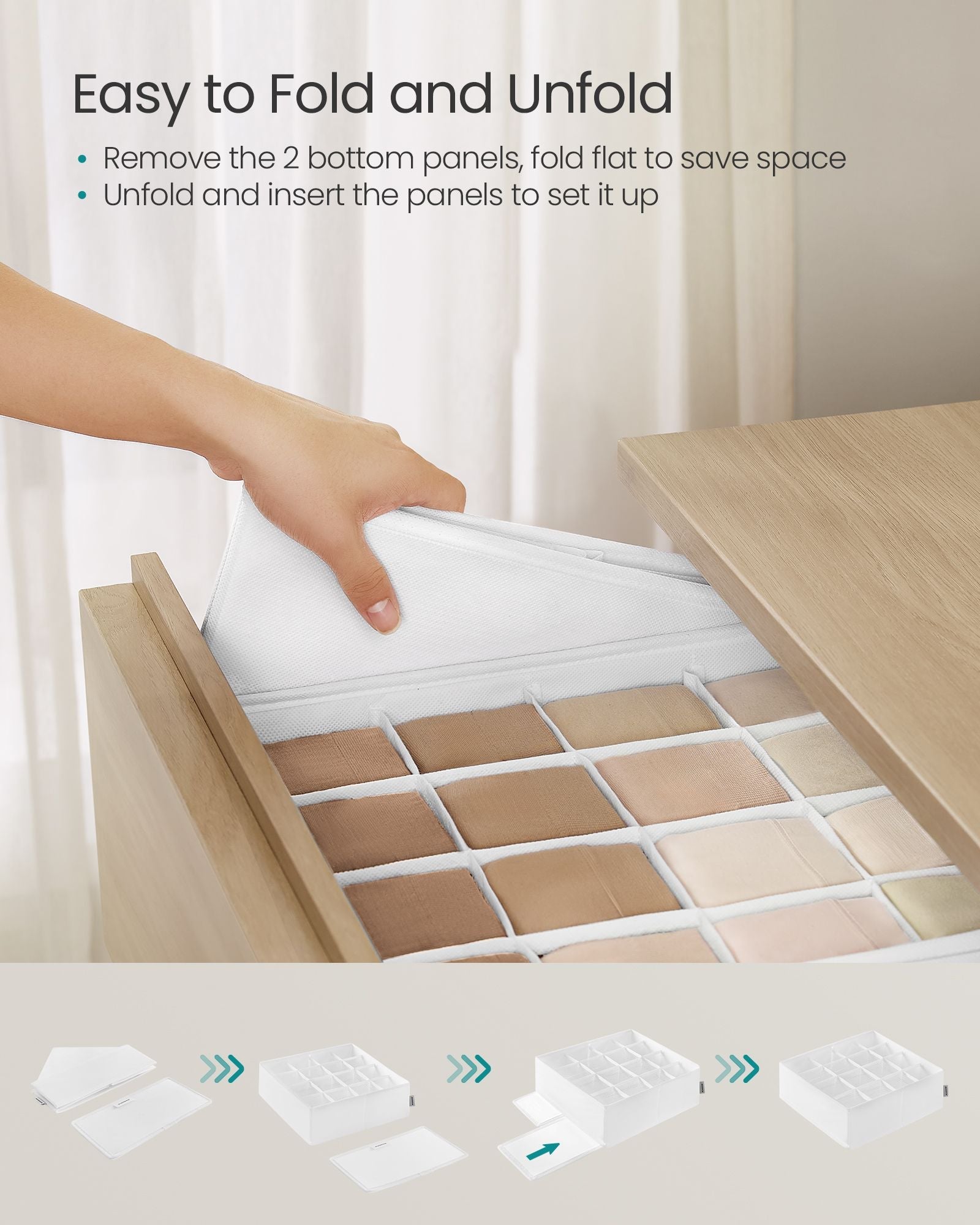 Set of 4 Drawer Organisers - 80 Compartments - Fabric - Cloud White - Durable and Lightweight Construction