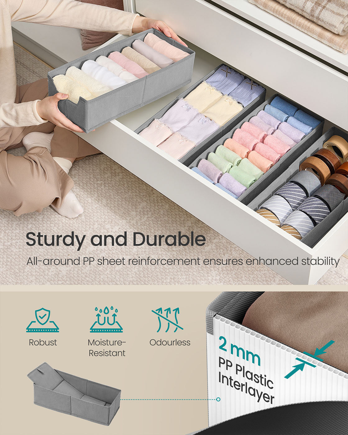 Set of Foldable Drawer Organisers - Fabric - Dove Grey - Includes Dividers