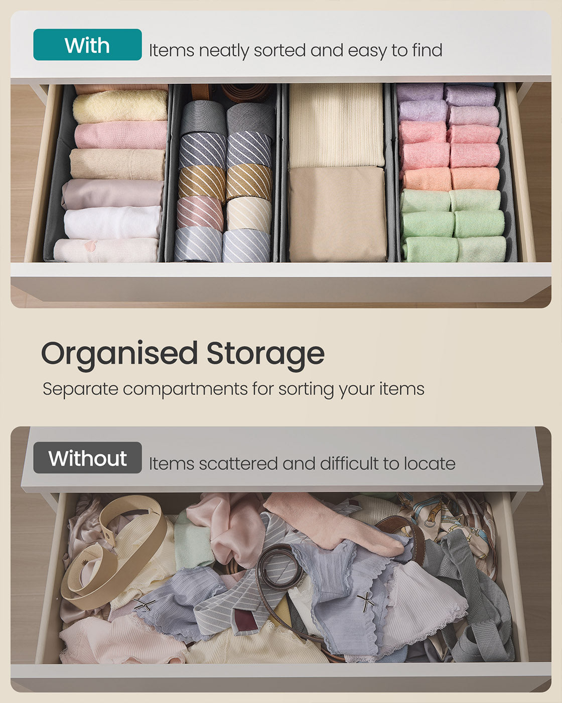 Set of Foldable Drawer Organisers - Fabric - Dove Grey - Includes Dividers