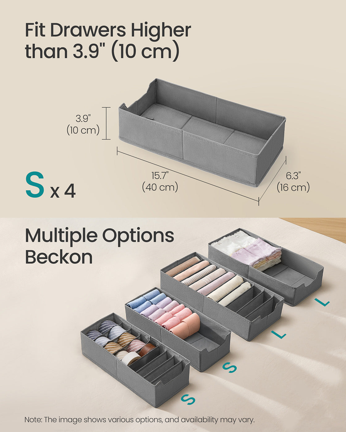 Set of Foldable Drawer Organisers - Fabric - Dove Grey - Includes Dividers