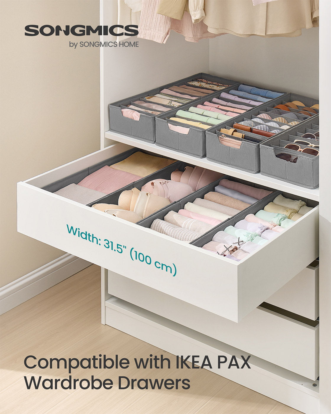 Set of Foldable Drawer Organisers - Fabric - Dove Grey - Includes Dividers