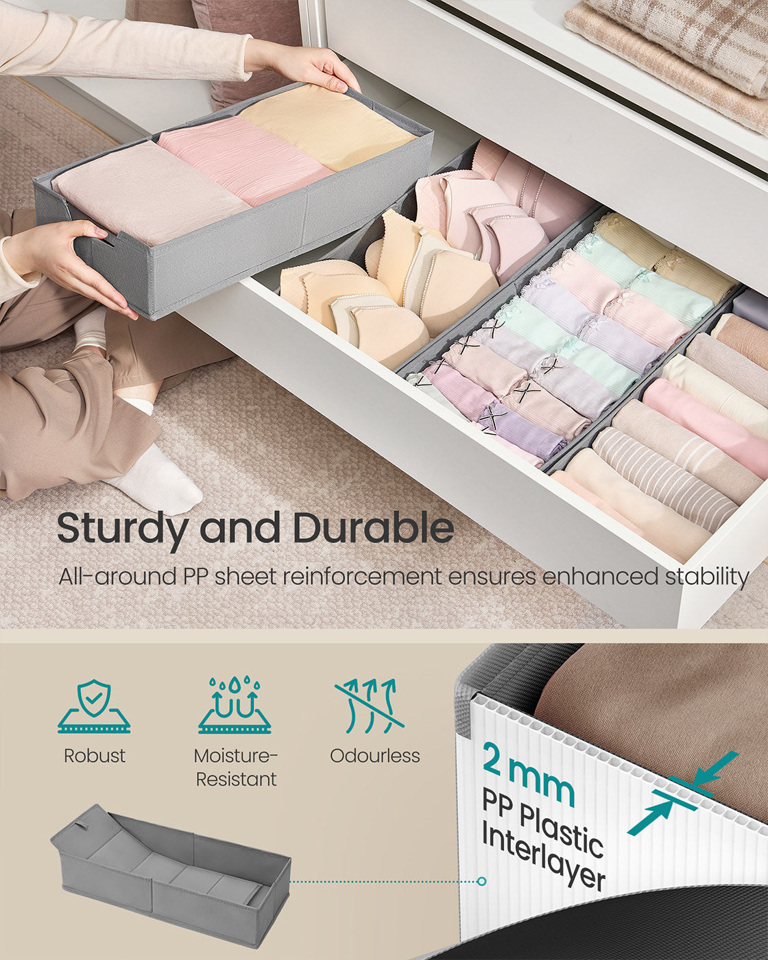Set of Foldable Drawer Organisers - Fabric - Dove Grey - Includes Dividers