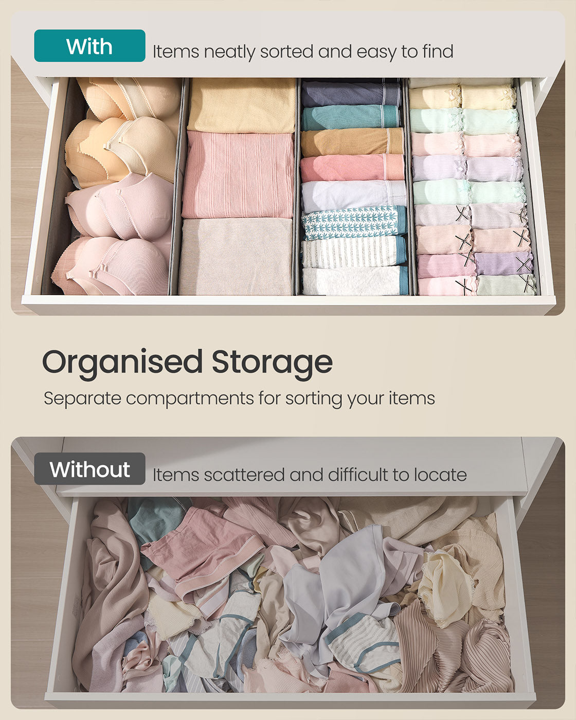 Set of Foldable Drawer Organisers - Fabric - Dove Grey - Includes Dividers