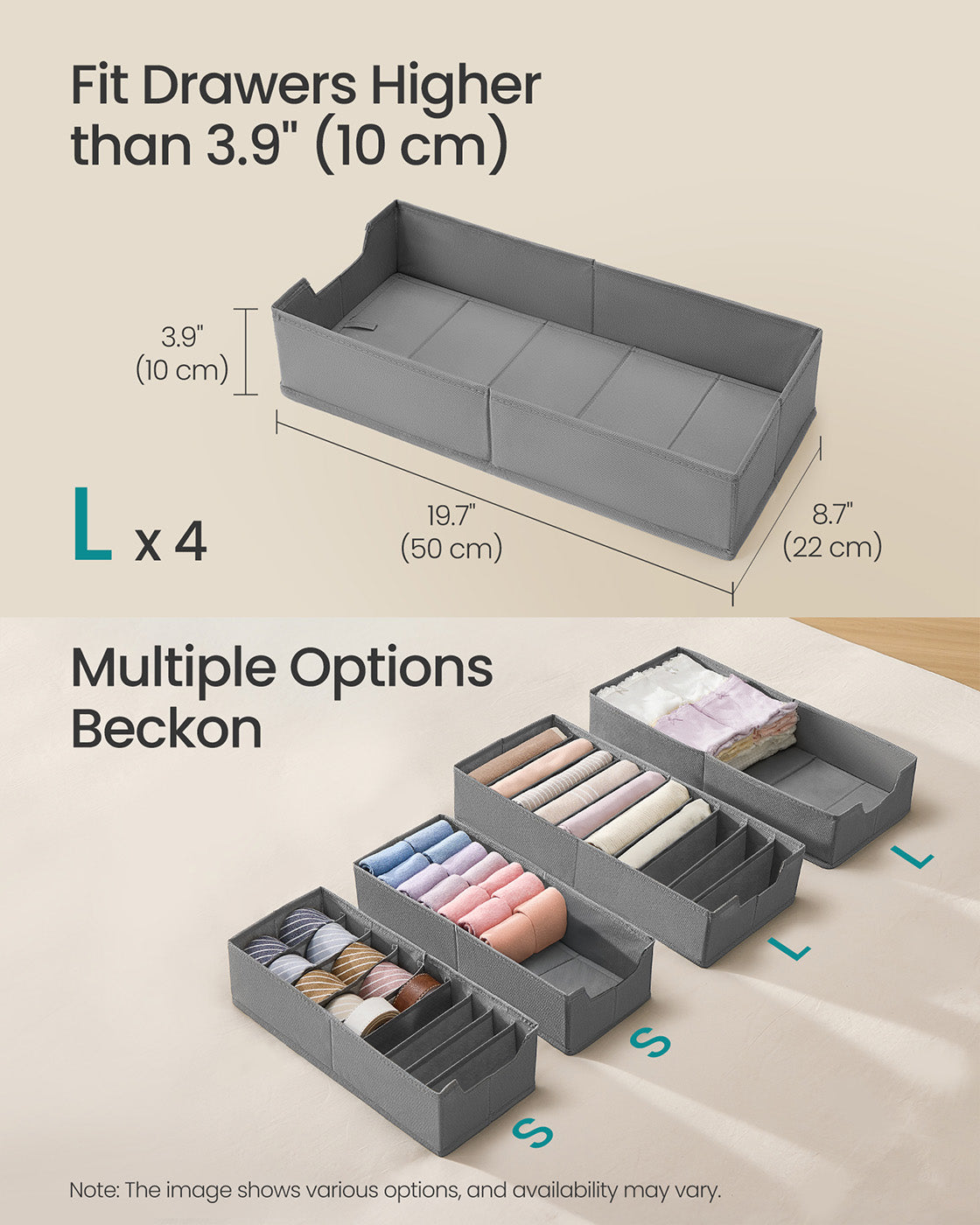 Set of Foldable Drawer Organisers - Fabric - Dove Grey - Includes Dividers