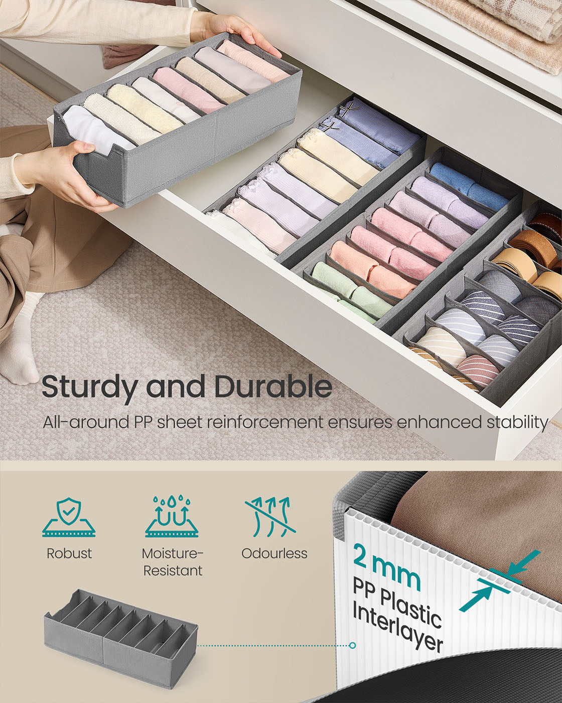 Set of Foldable Drawer Organisers - Fabric - Dove Grey - Includes Dividers