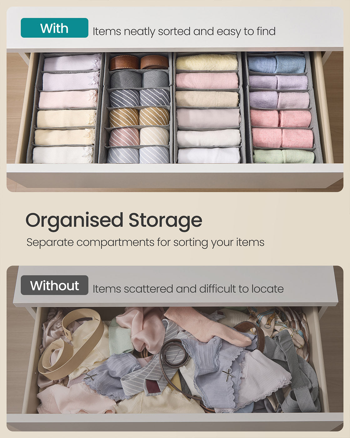 Set of Foldable Drawer Organisers - Fabric - Dove Grey - Includes Dividers