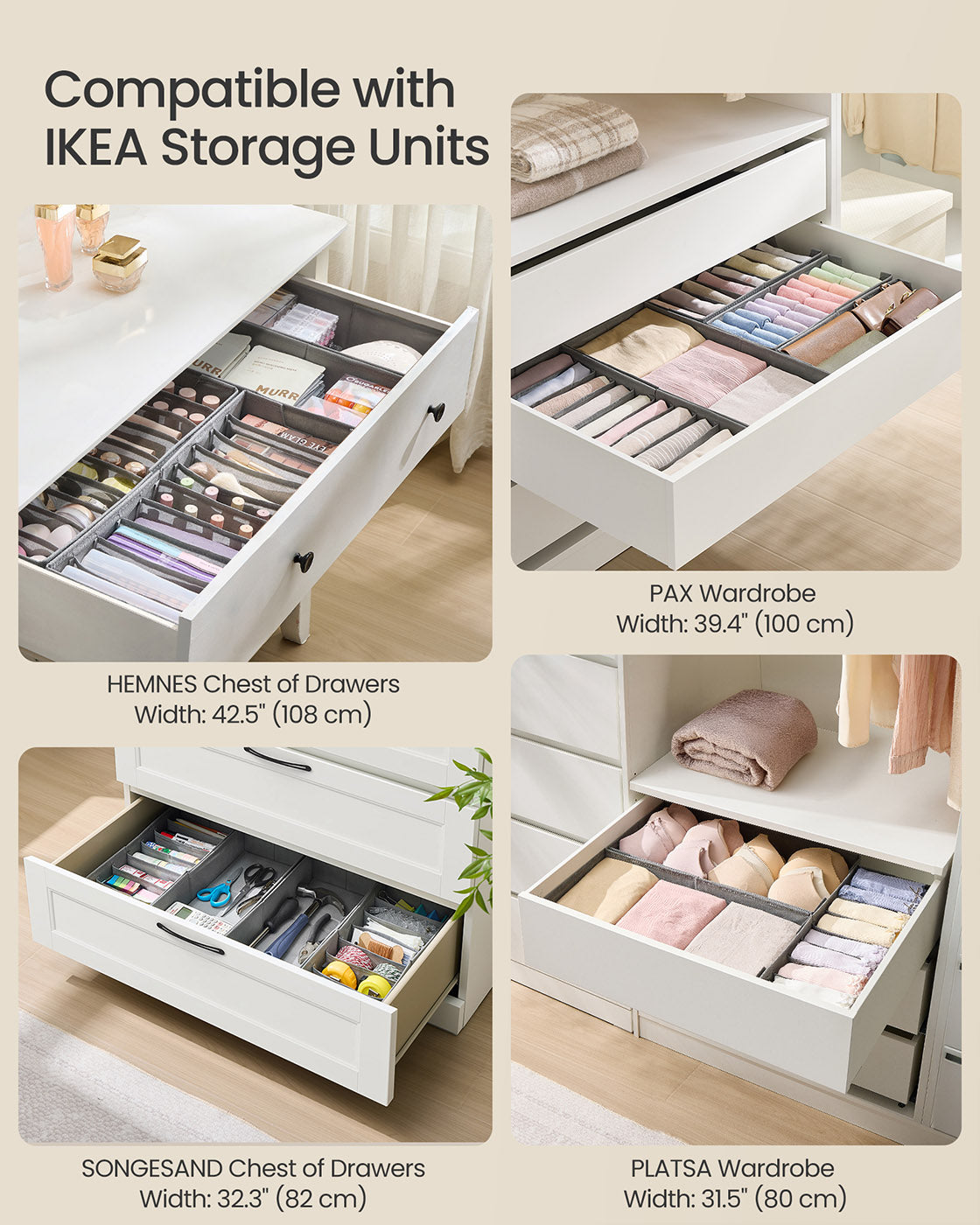 Set of Foldable Drawer Organisers - Fabric - Dove Grey - Includes Dividers