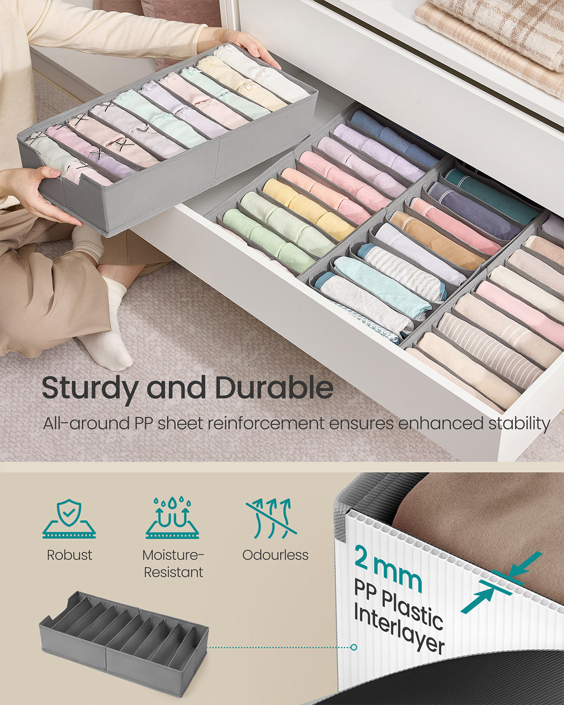 Set of Foldable Drawer Organisers - Fabric - Dove Grey - Includes Dividers