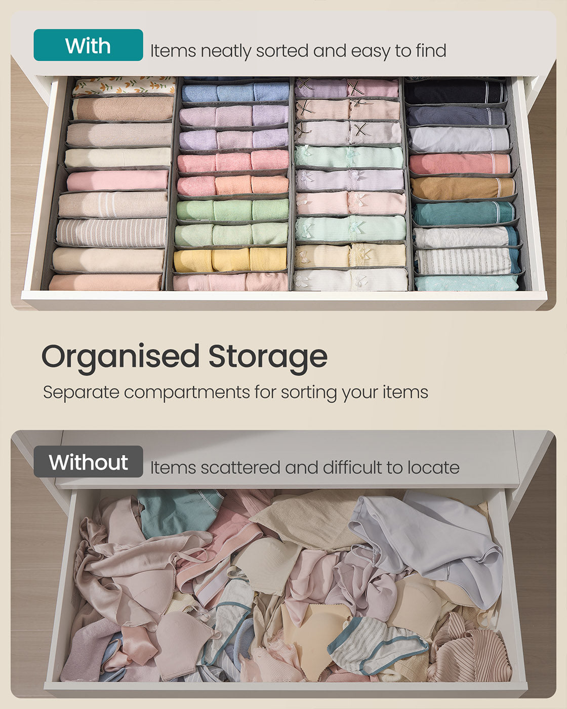 Set of Foldable Drawer Organisers - Fabric - Dove Grey - Includes Dividers