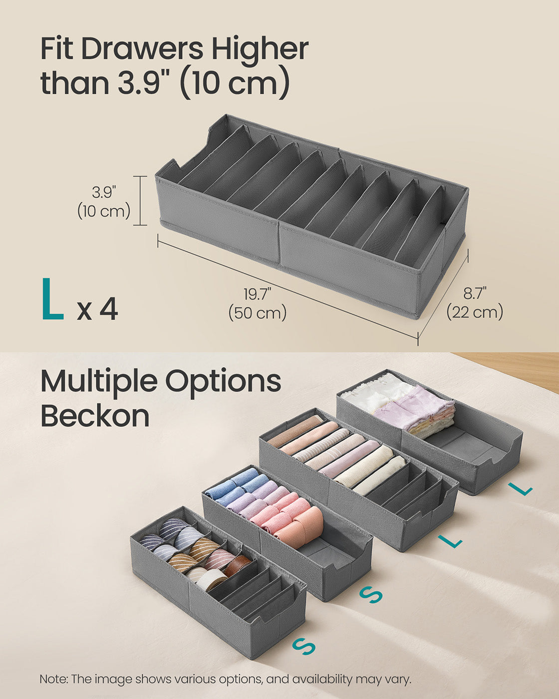 Set of Foldable Drawer Organisers - Fabric - Dove Grey - Includes Dividers